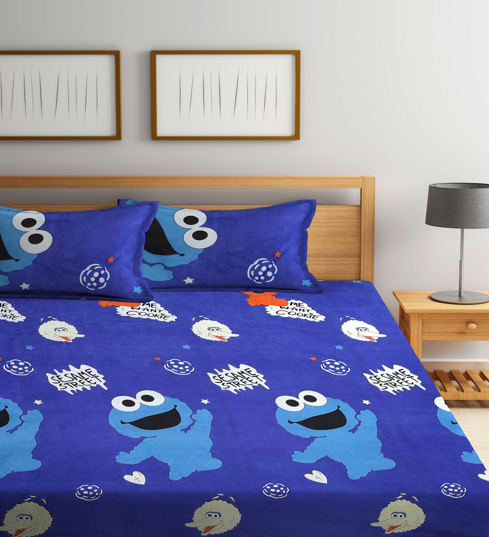 Blue Cartoon 300 TC Cotton Blend Double Bedsheet With 2 Pillow Covers