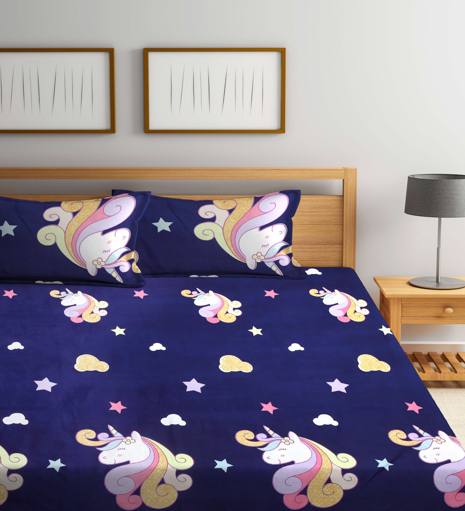 Blue Cartoon 300 TC Cotton Blend Double Bedsheet With 2 Pillow Covers