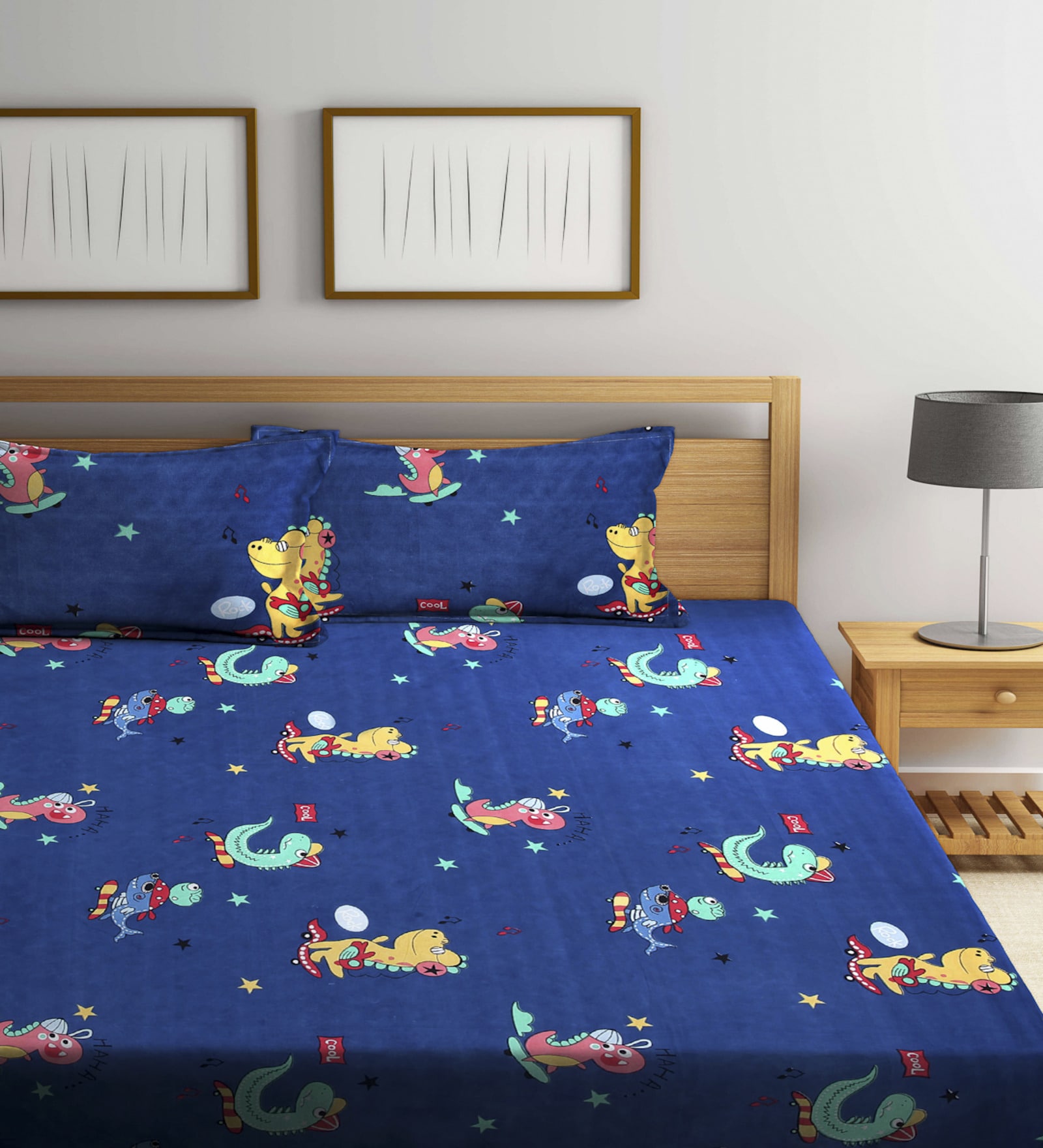 Blue Cartoon 300 TC Cotton Blend Double Bedsheet With 2 Pillow Covers
