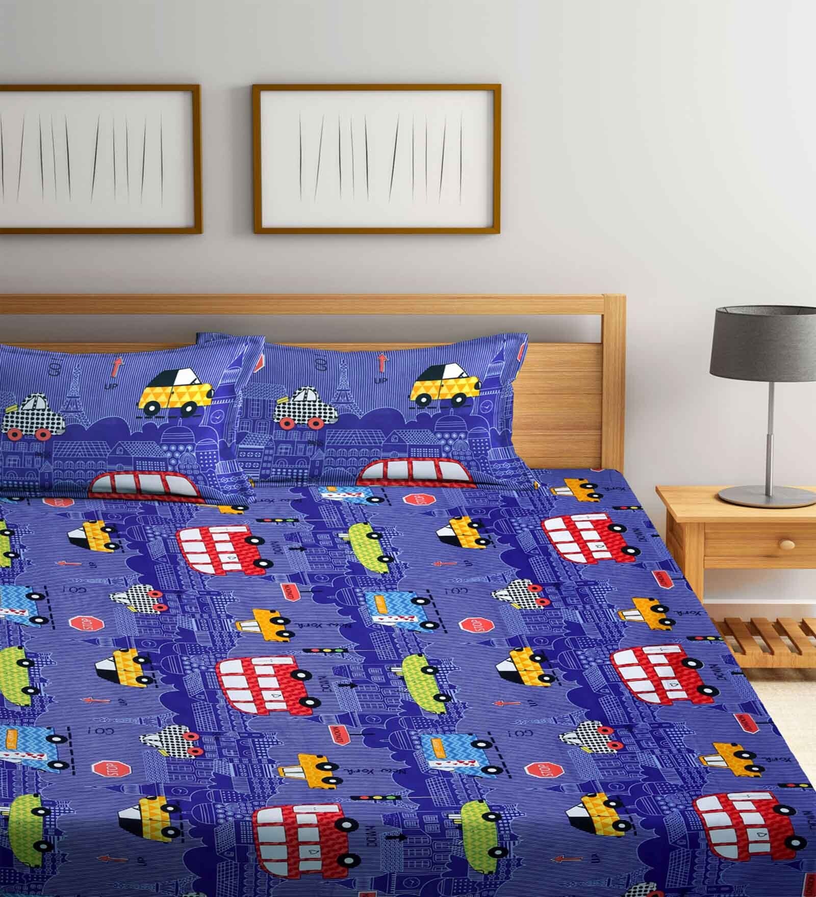 Blue Cartoon 300 TC Cotton Blend Double Bedsheet With 2 Pillow Covers
