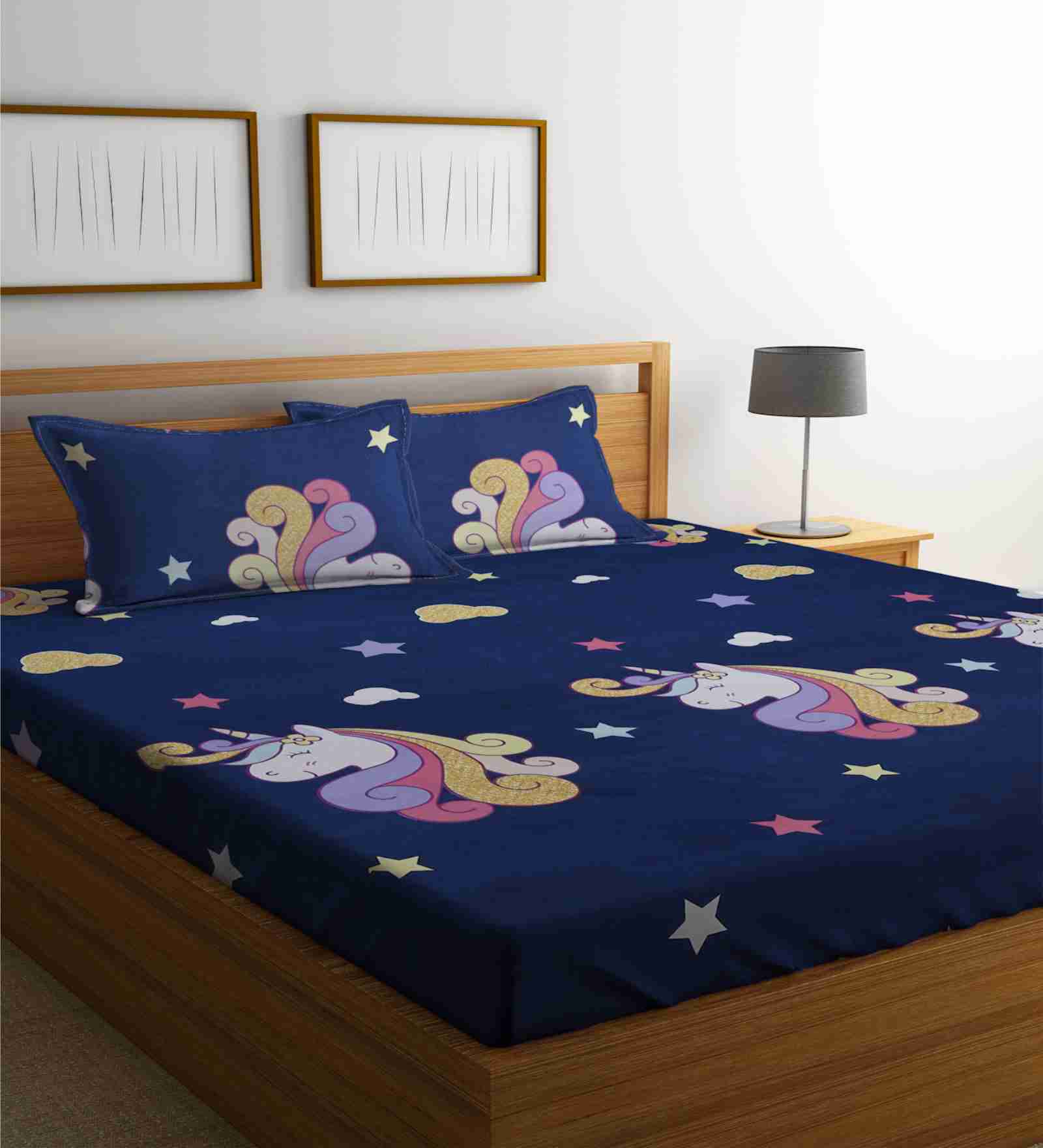 Blue Cartoon Characters 300 TC Cotton Blend Double Size Bedsheet With 2 Pillow Covers