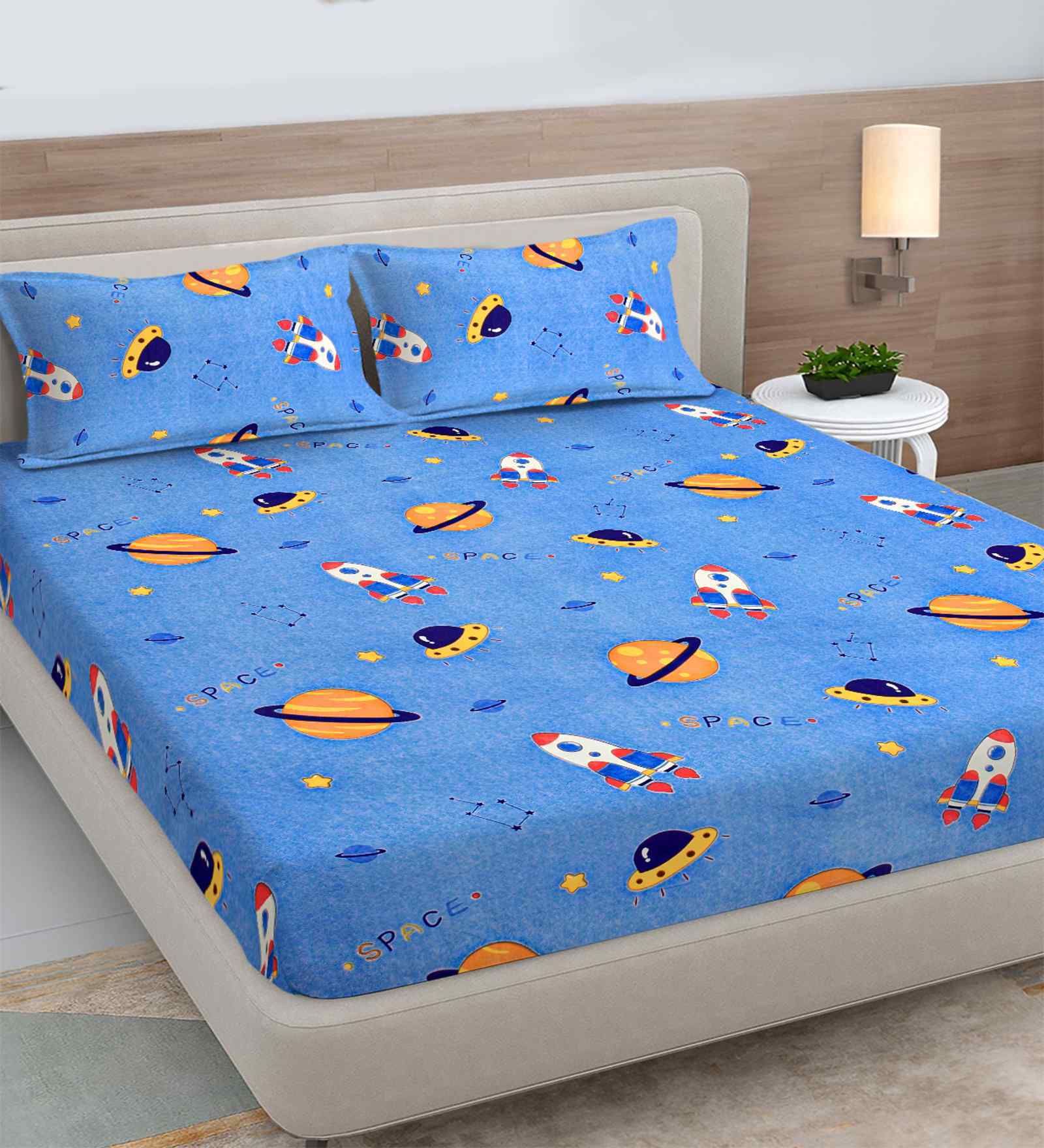 Blue Cartoon Print 300 TC Cotton Blend King Size Double Bedsheet with 2 Pillow Covers