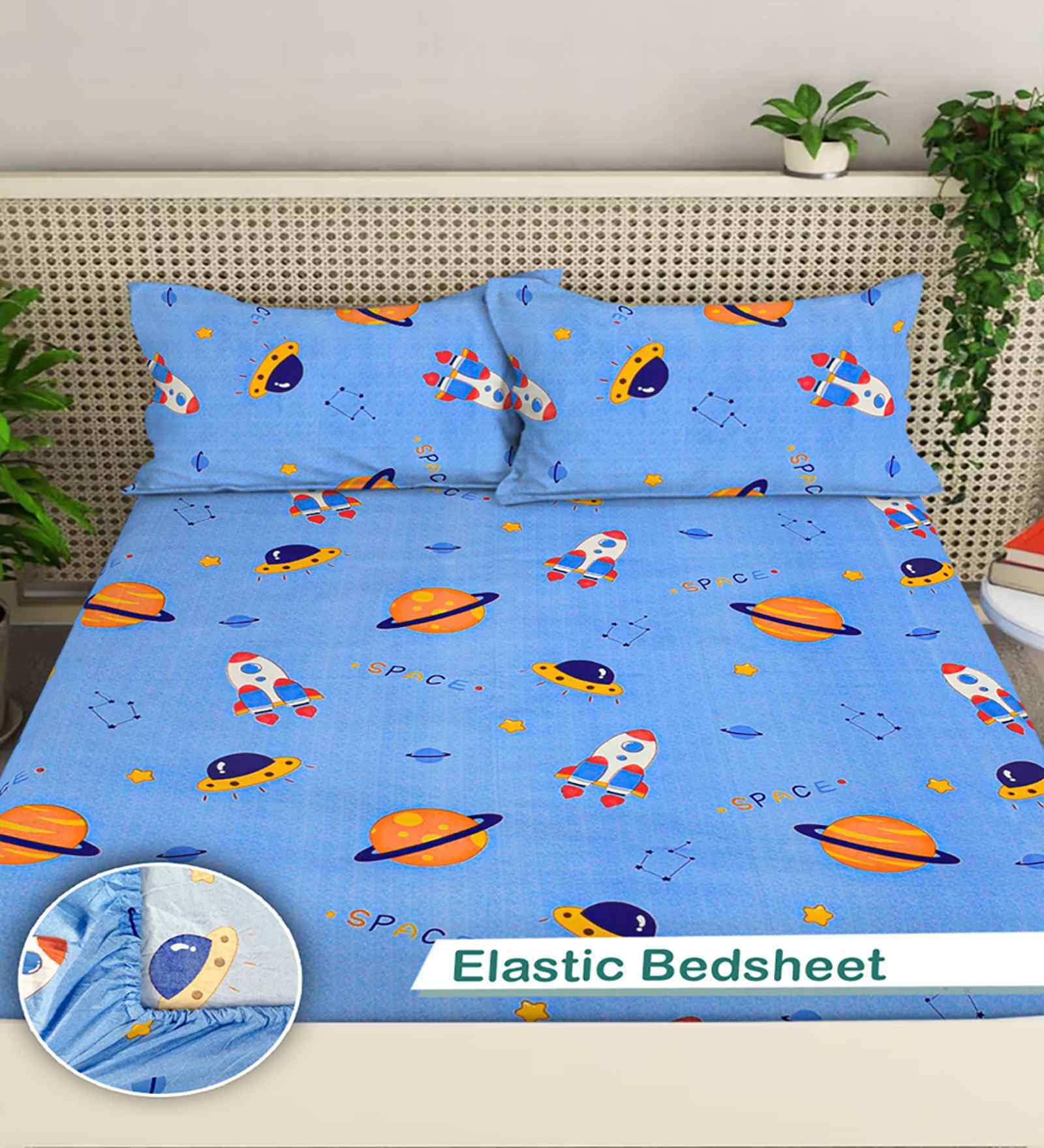 Blue Cartoon Print 300 TC Cotton Blend King Size Fitted Double Bedsheet with 2 Pillow Covers