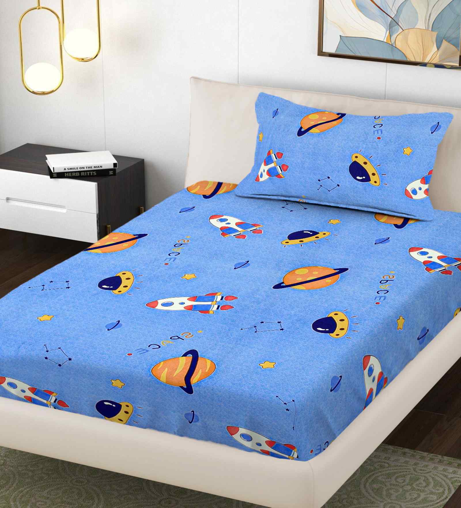 Blue Cartoon Print 300 TC Cotton Blend Single Bedsheet with 1 Pillow Cover