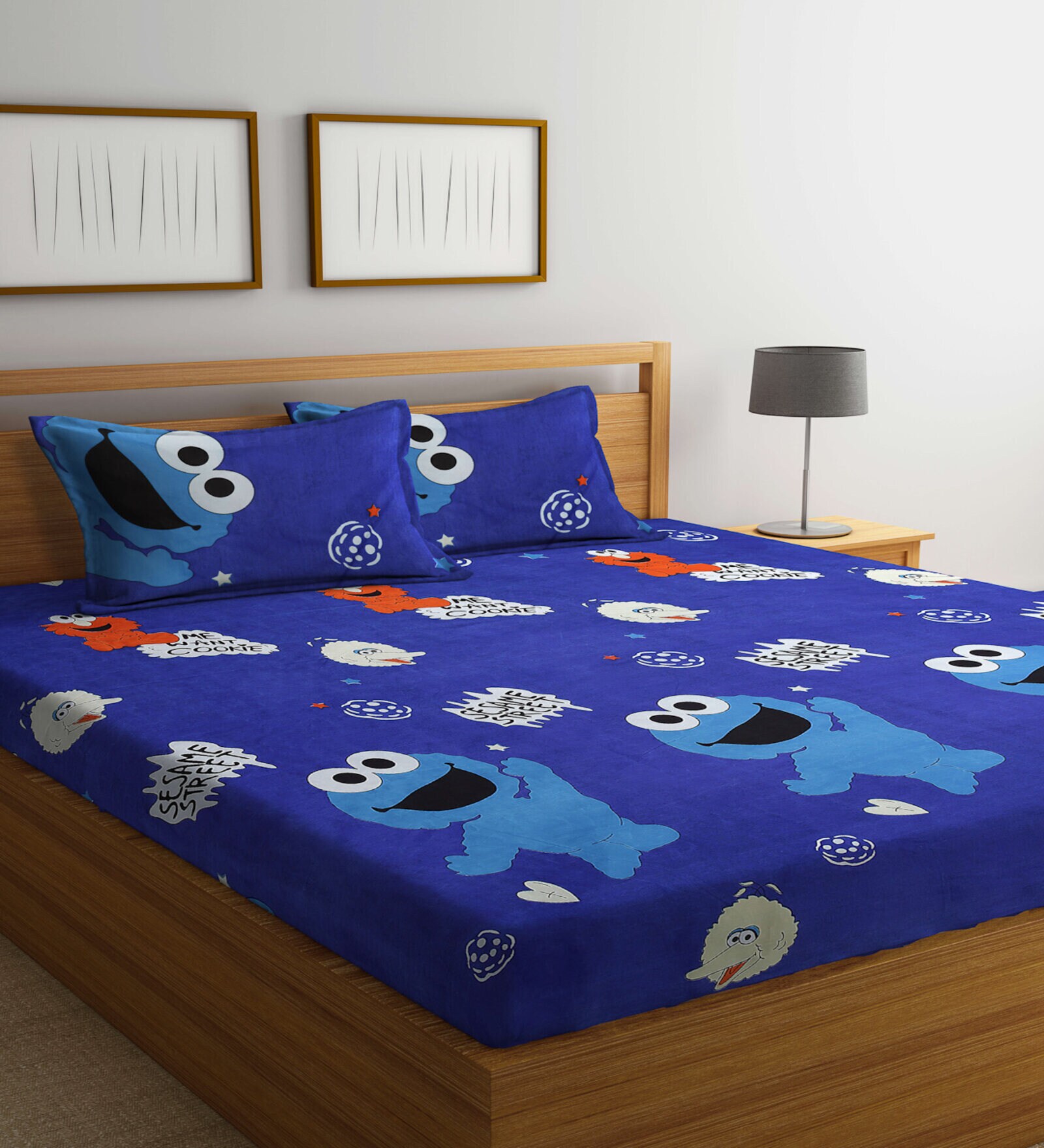 Blue Cartoon Printed 300 TC Cotton Blend Kids Double Bedsheet With 2 Pillow Covers