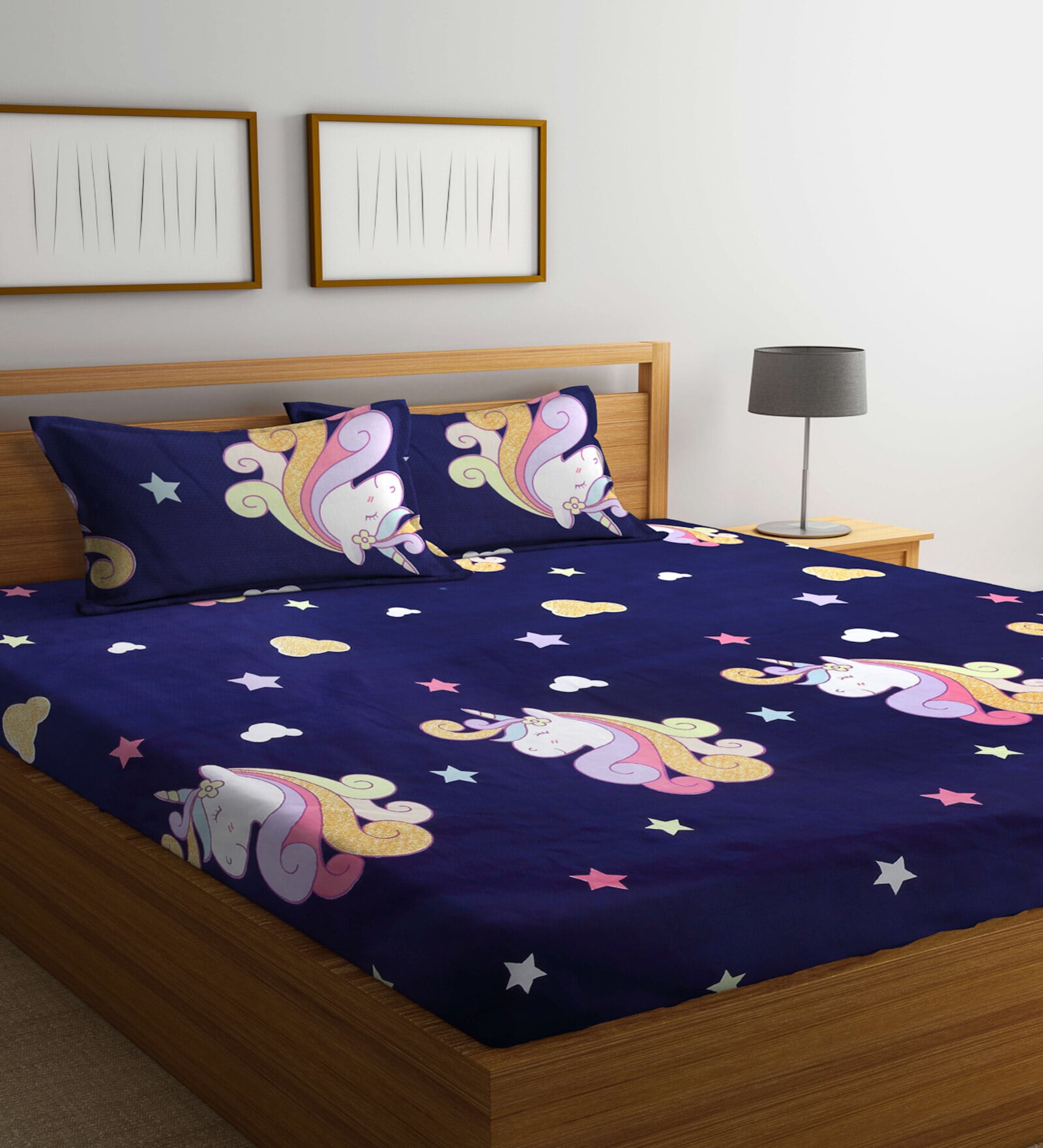 Blue Cartoon Printed 300 TC Cotton Blend Kids Double Bedsheet With 2 Pillow Covers