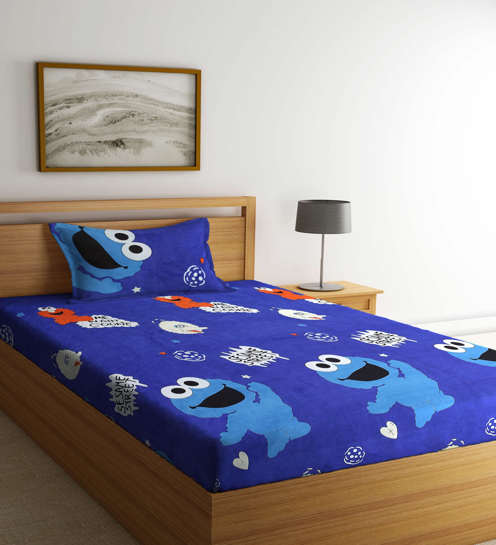 Blue Cartoon Printed 300 TC Cotton Blend Single Bedsheet with 1 Pillow Cover