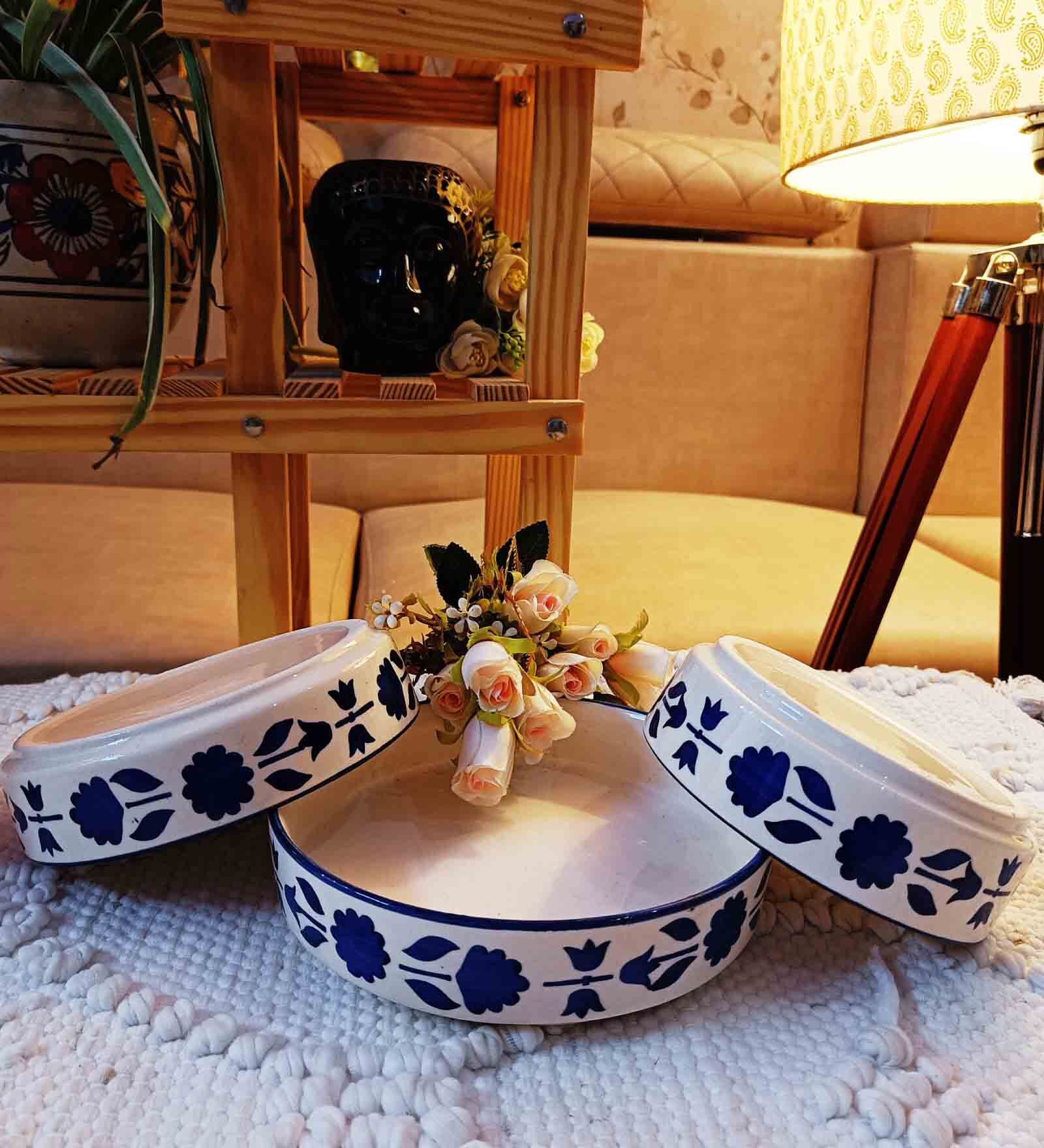 White & Blue Ceramic  Handmade (Set of 3 ) Serving Bowls