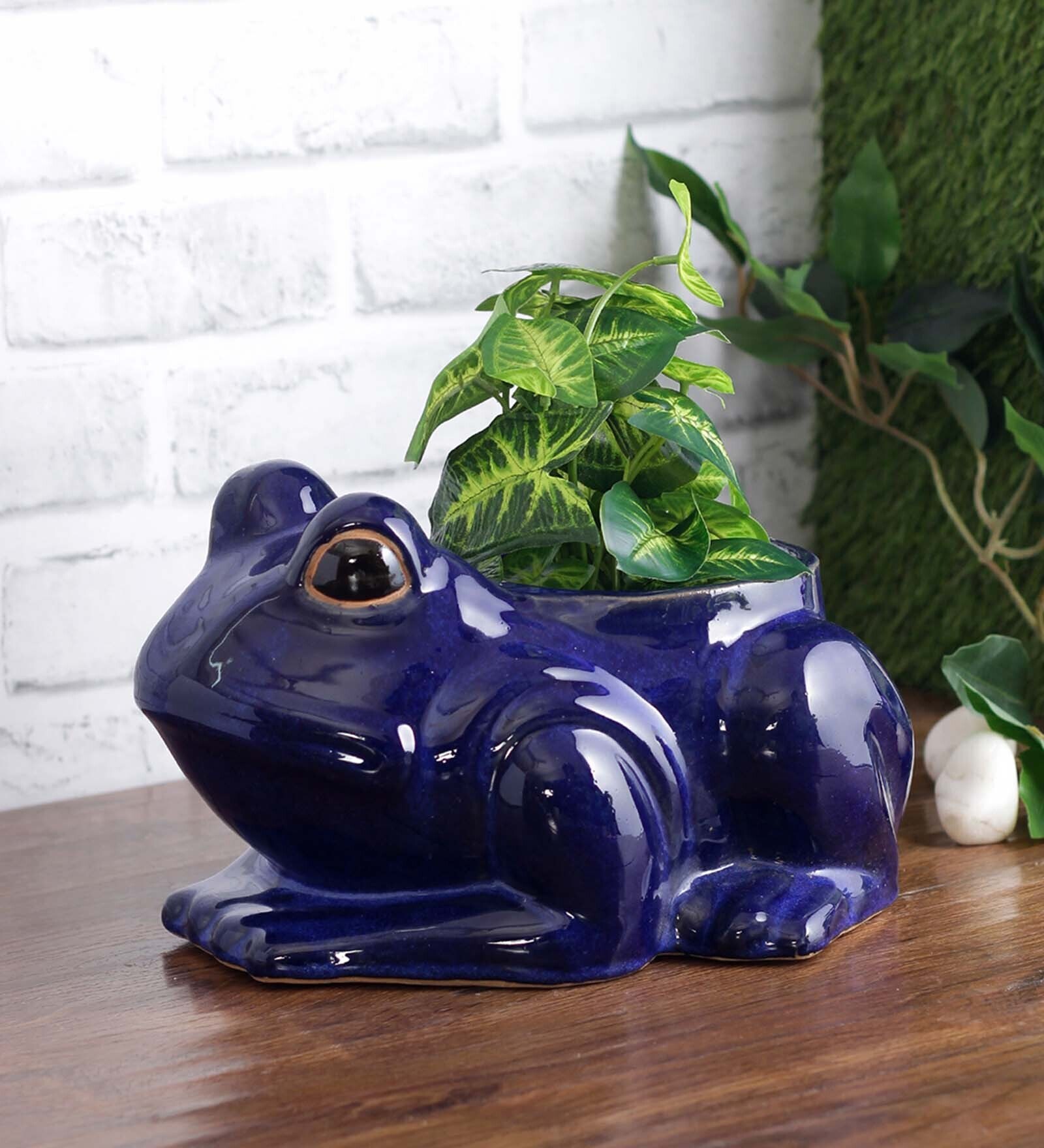 Blue Ceramic Frog Shape Planter