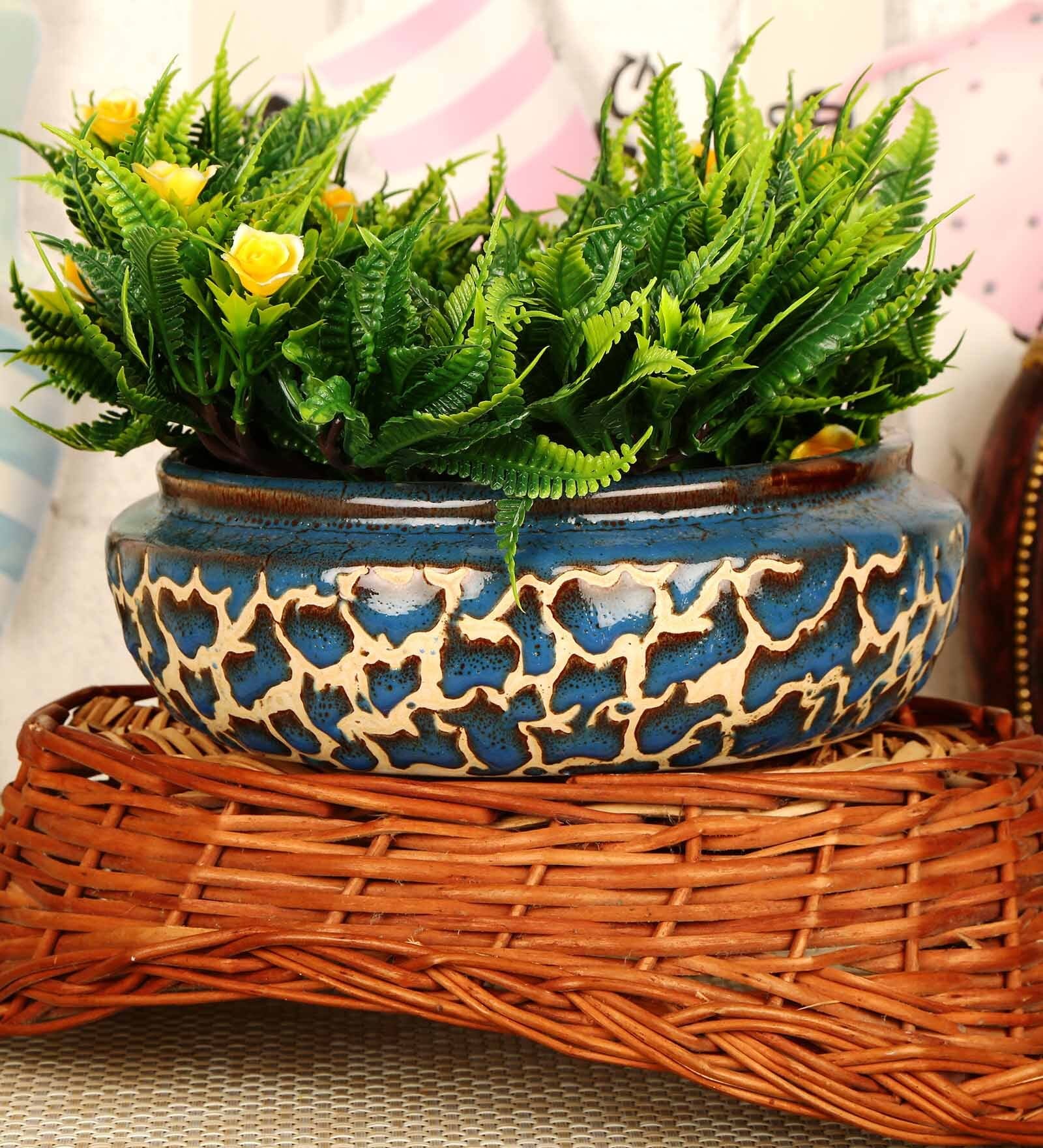 Blue Ceramic Medium Circular Bonsai Tray Desk Pot