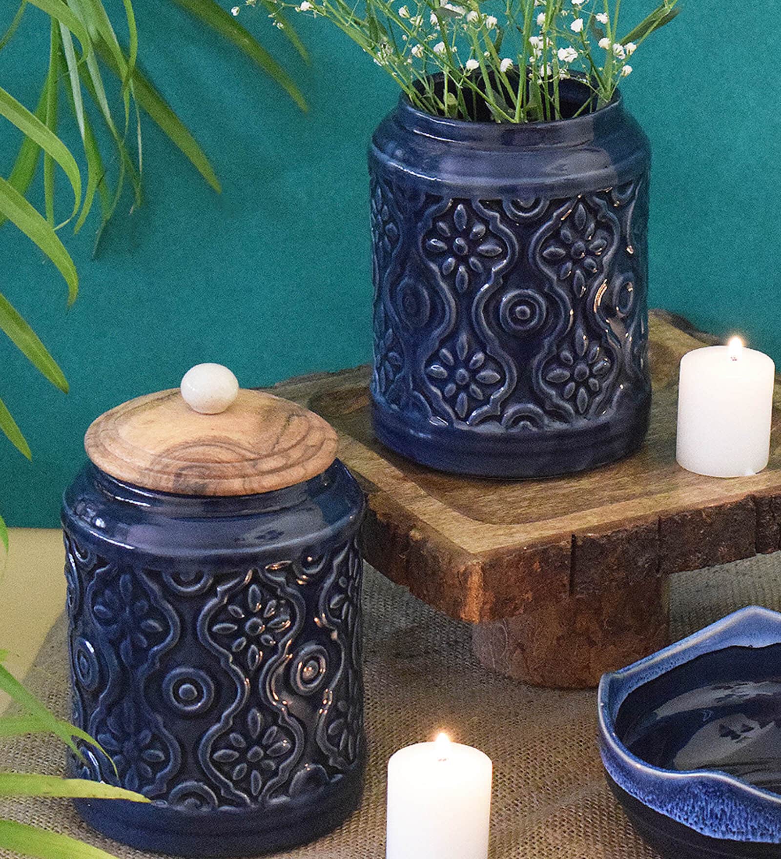 Buy Blue Ceramic Storage Jar (Set of 2)By The Blooming Bagh at 1 OFF
