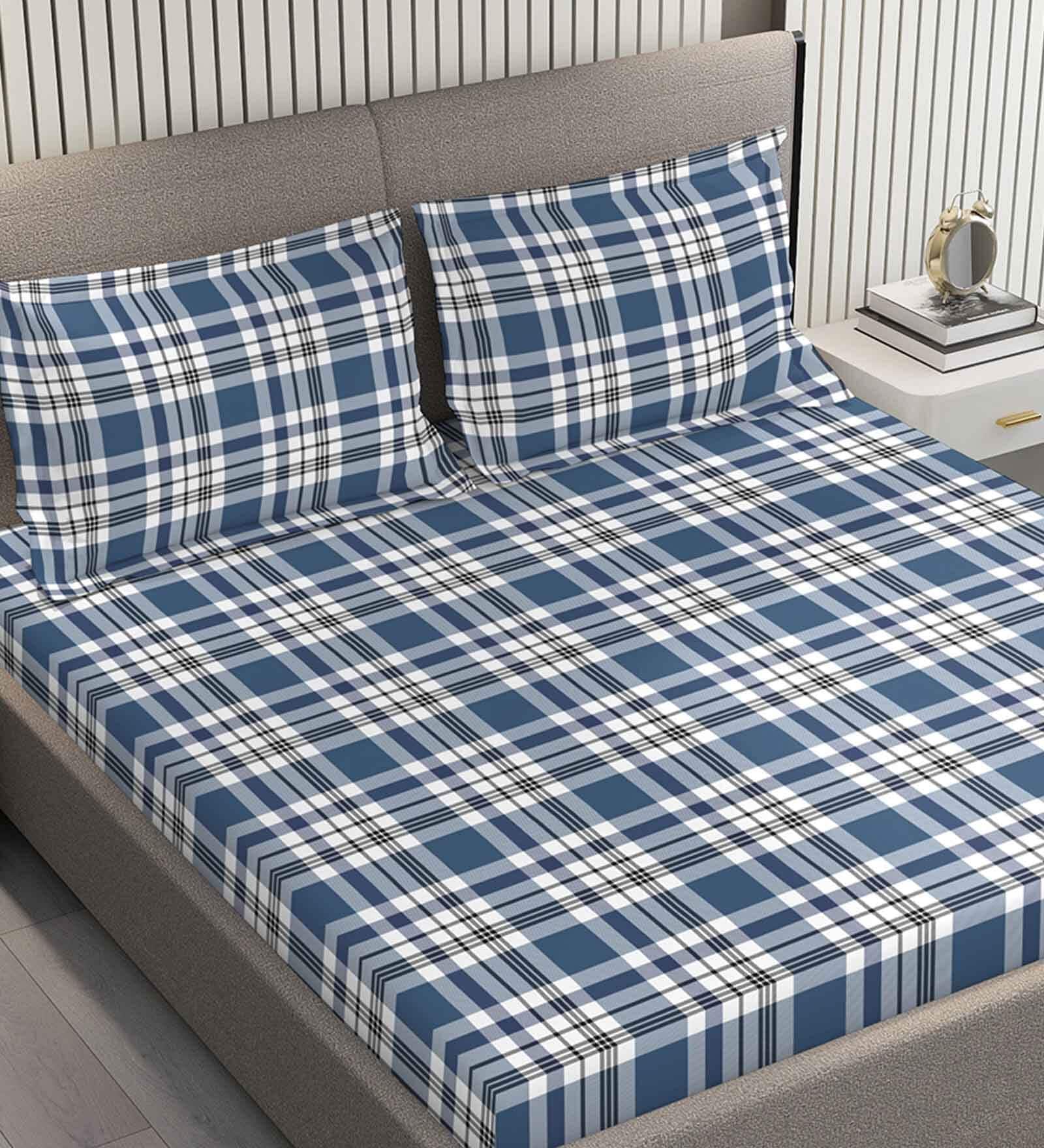 Blue Checkered 225 TC Cotton and Polyester King Bedsheet with 2 Pillow Covers