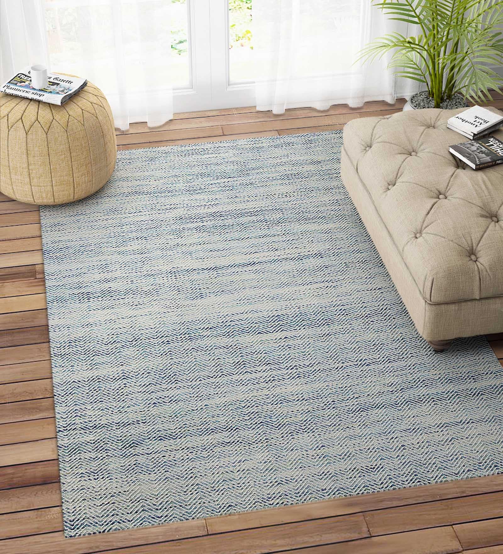 Blue Wool 4 ft X 6 ft Hand Woven Dhurrie