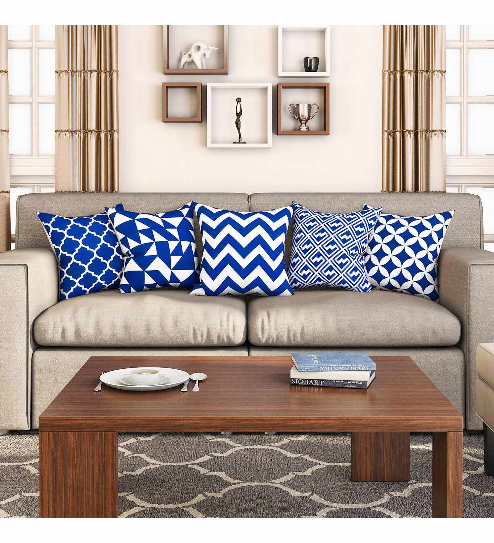 Blue Geometric Cotton 16 x 16 Inches Cushion Covers (Set of 5)