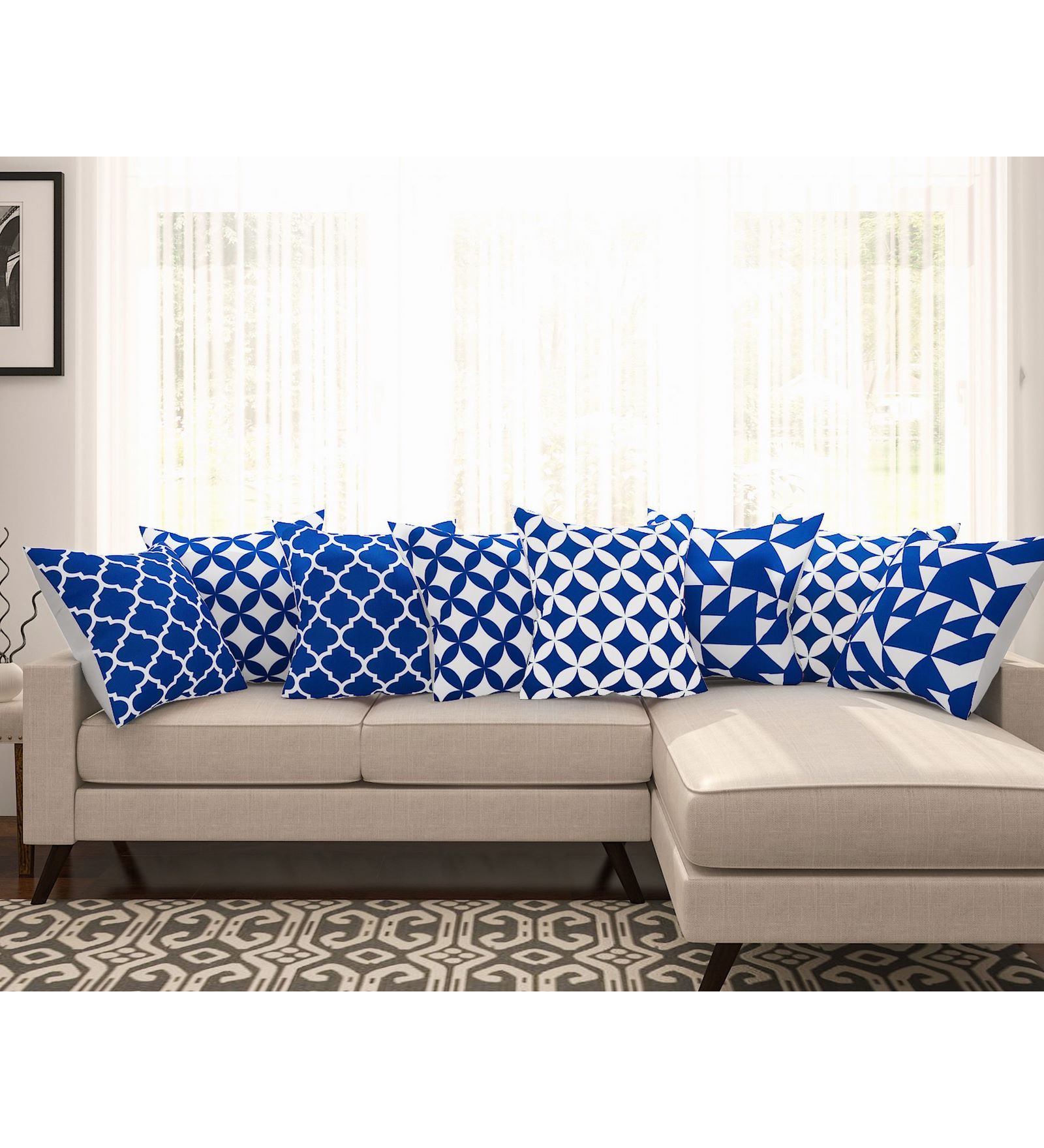 Blue Geometric Cotton 16 x 16 Inches Cushion Covers (Set of 8)