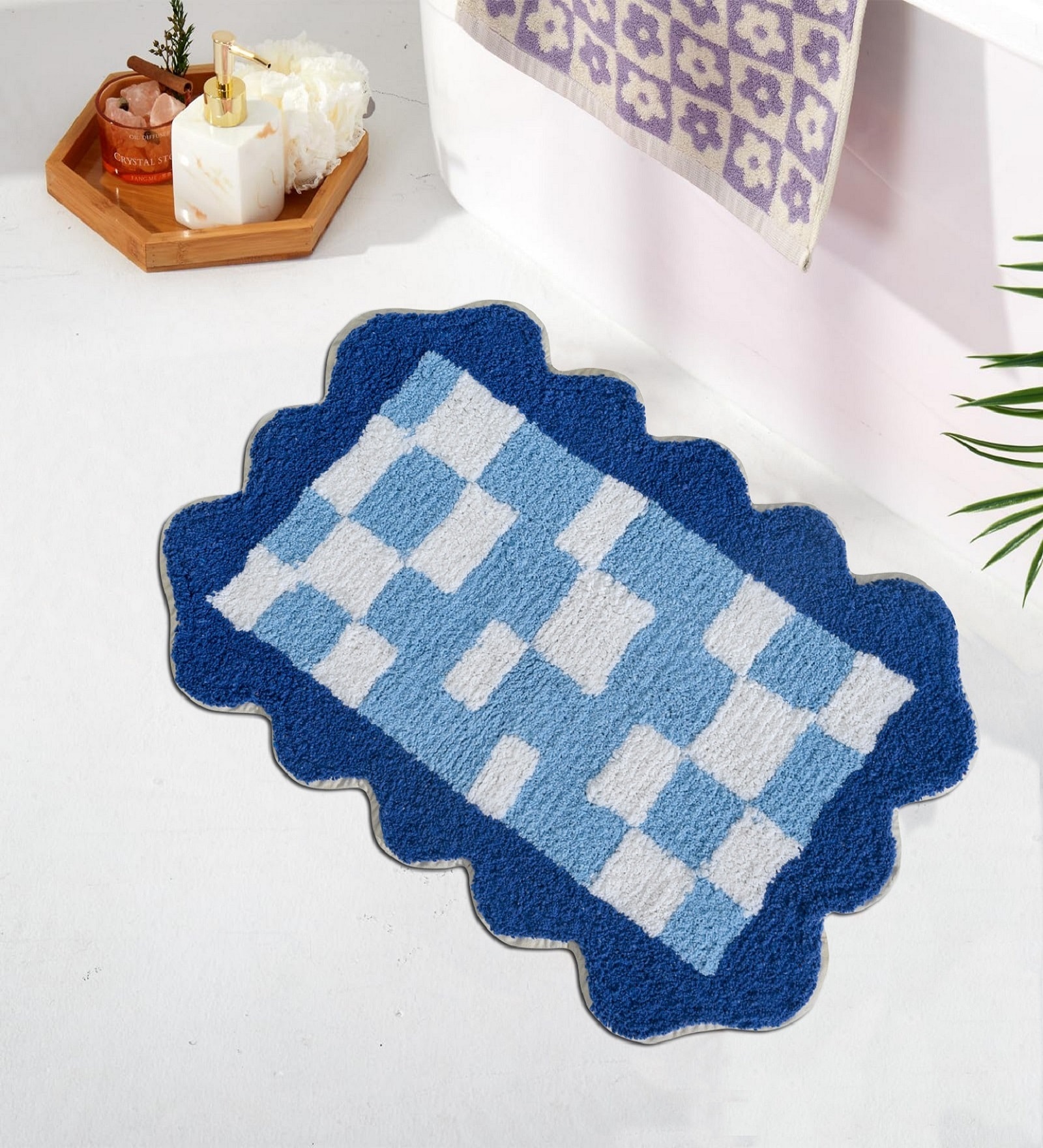 Blue Cotton 16X24 Inches Anti-Skid Bath Mat