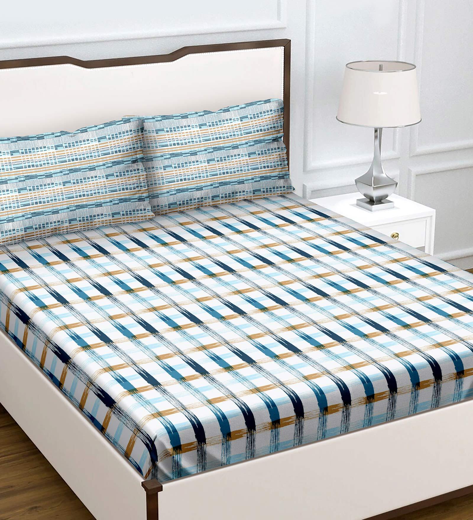 Blue Geometric 180 TC Cotton Queen Sized Bed Sheets with 2 Pillow Covers