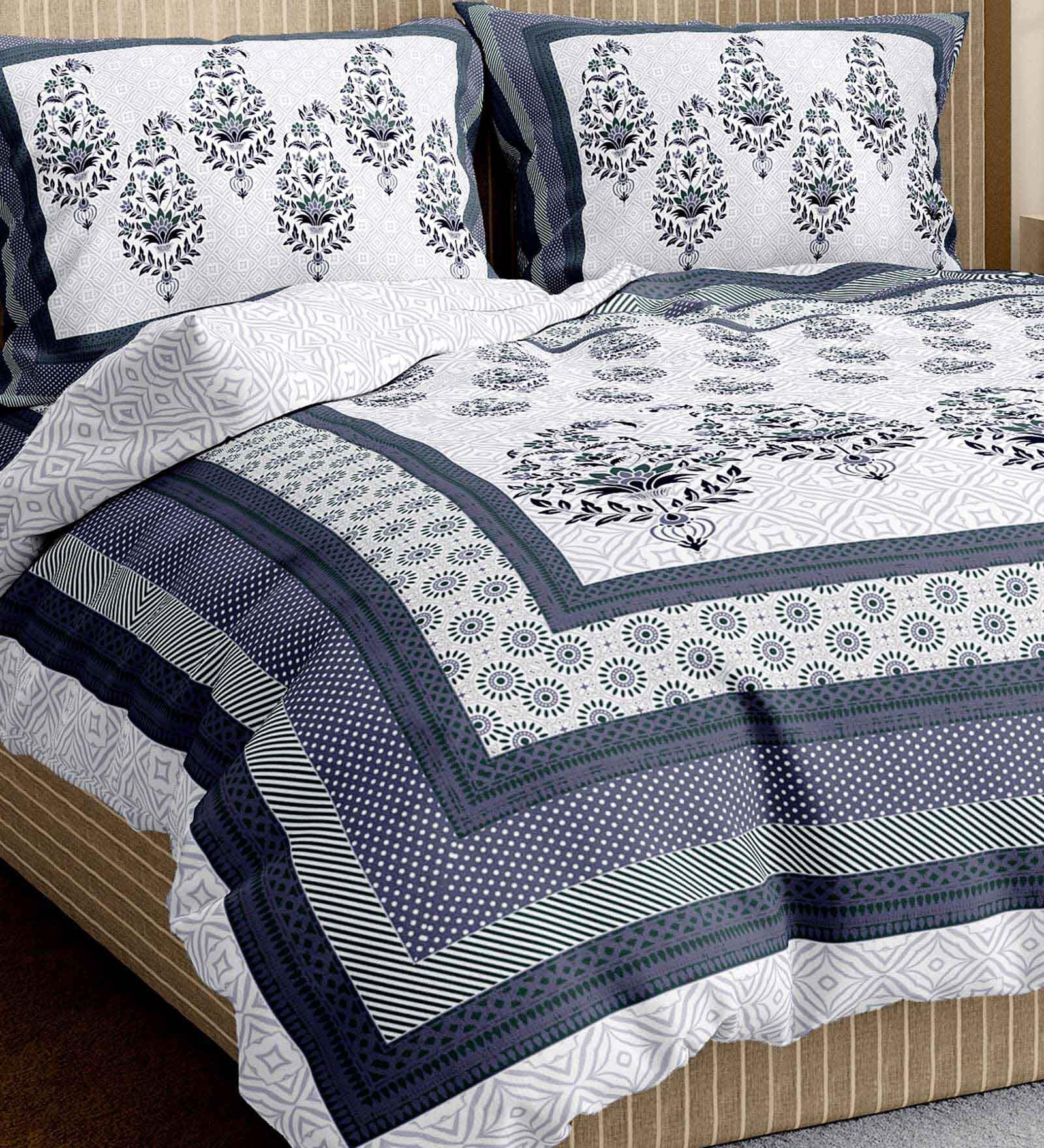 Blue Traditional 350 TC Cotton King Sized Bed Sheets with 2 Pillow Covers