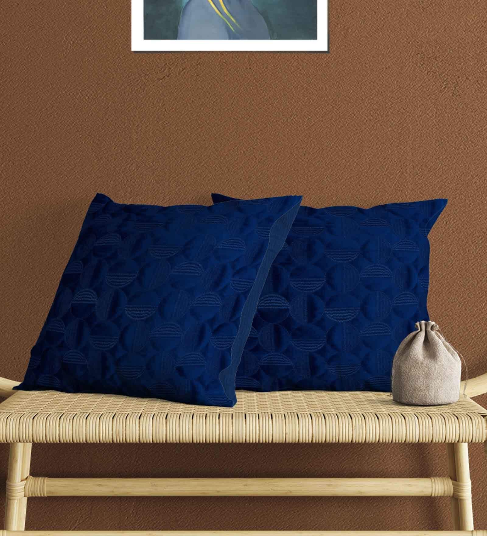 Blue Textured Cotton 16 x 16 Inches Cushion Covers (Set of 2)
