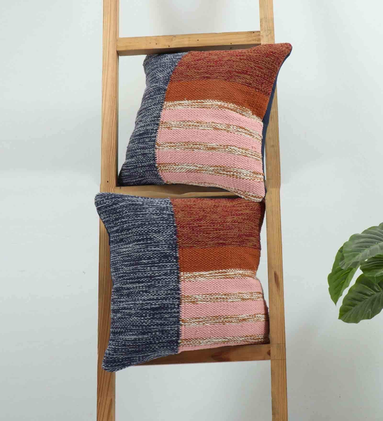 Blue Woven Cotton 16 x 16 Inches Cushion Covers (Set of 2)