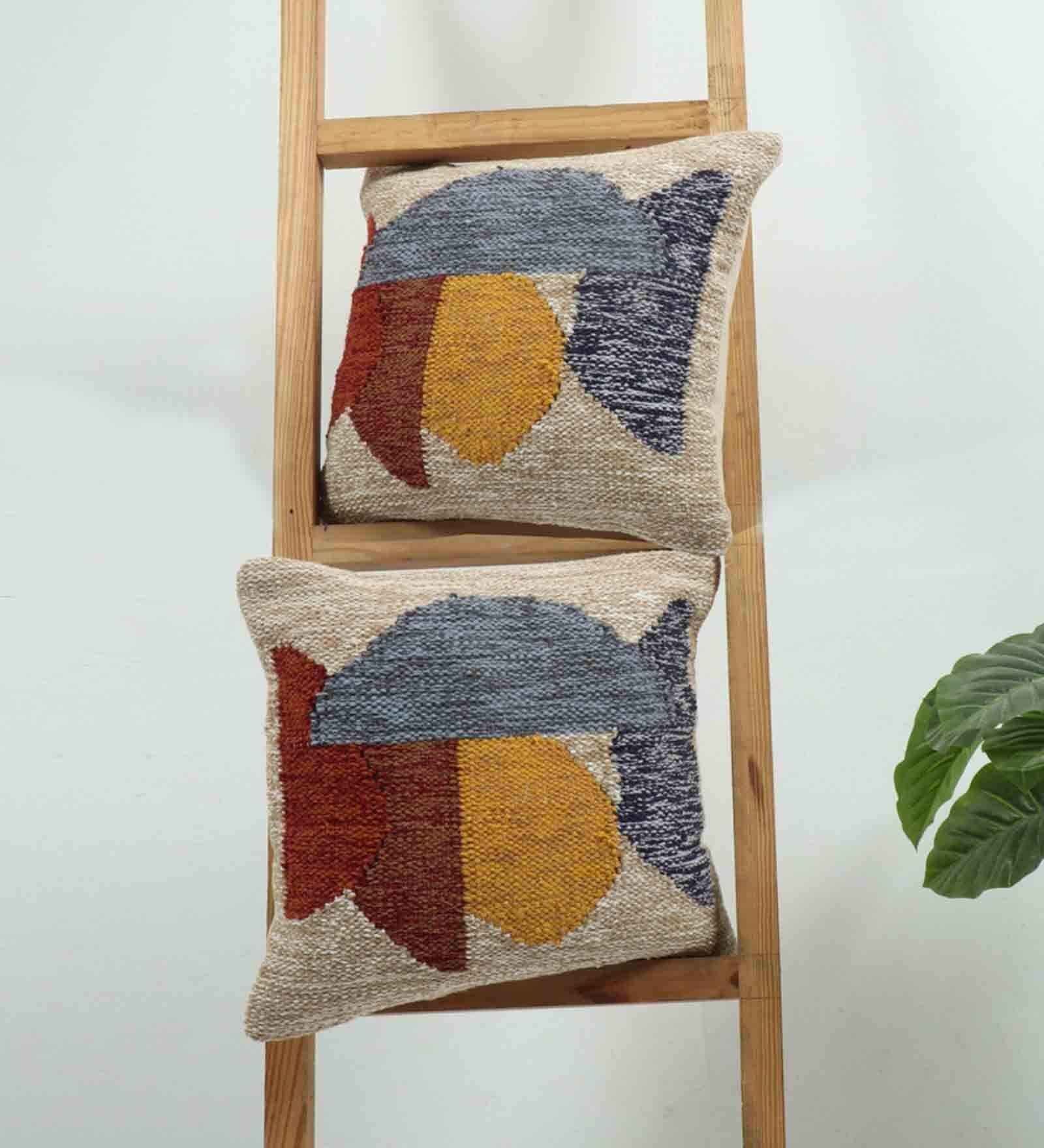 Multicolor Woven Abstract Cotton 16 x 16 Inches Cushion Covers (Set of 2)