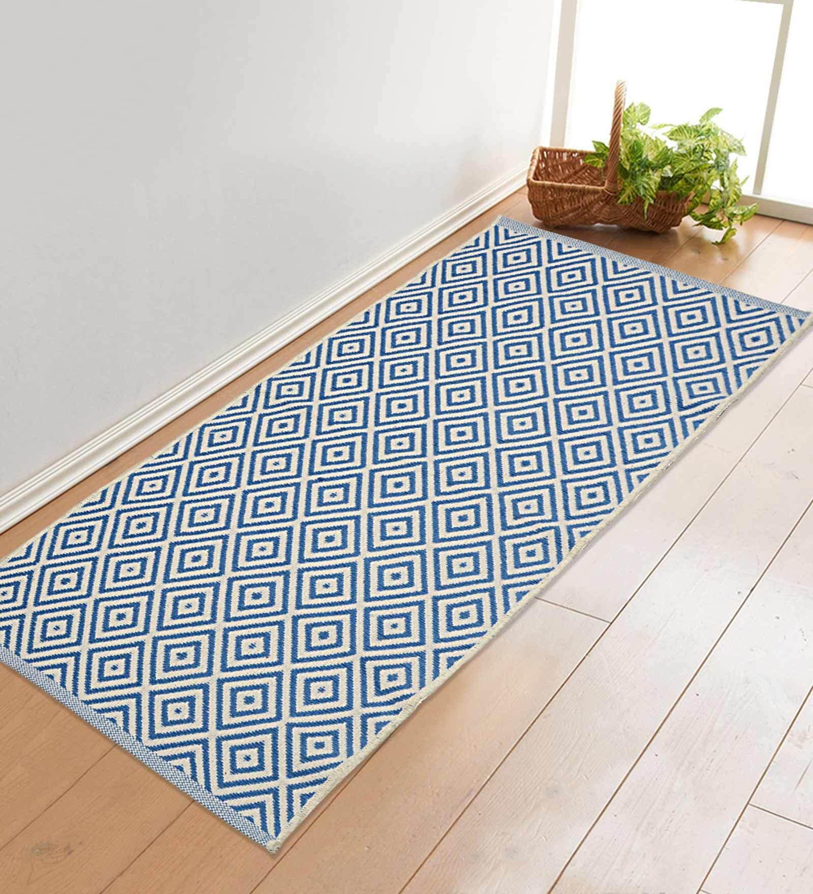 Blue Cotton Abstract 4.2 x 1.6 Feet Dhurrie