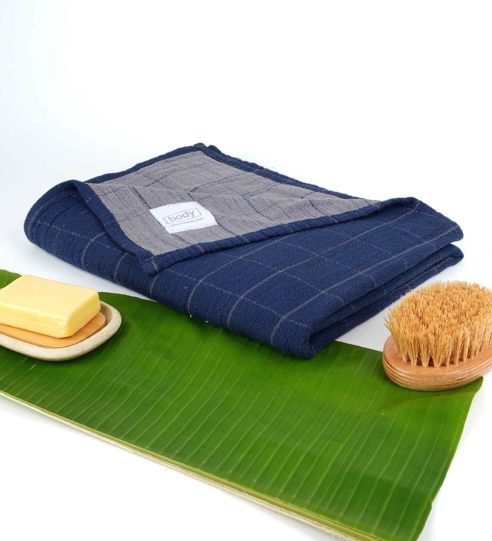 Navy Blue Banana Double Cloth Checkered 300 GSM Bath Towel