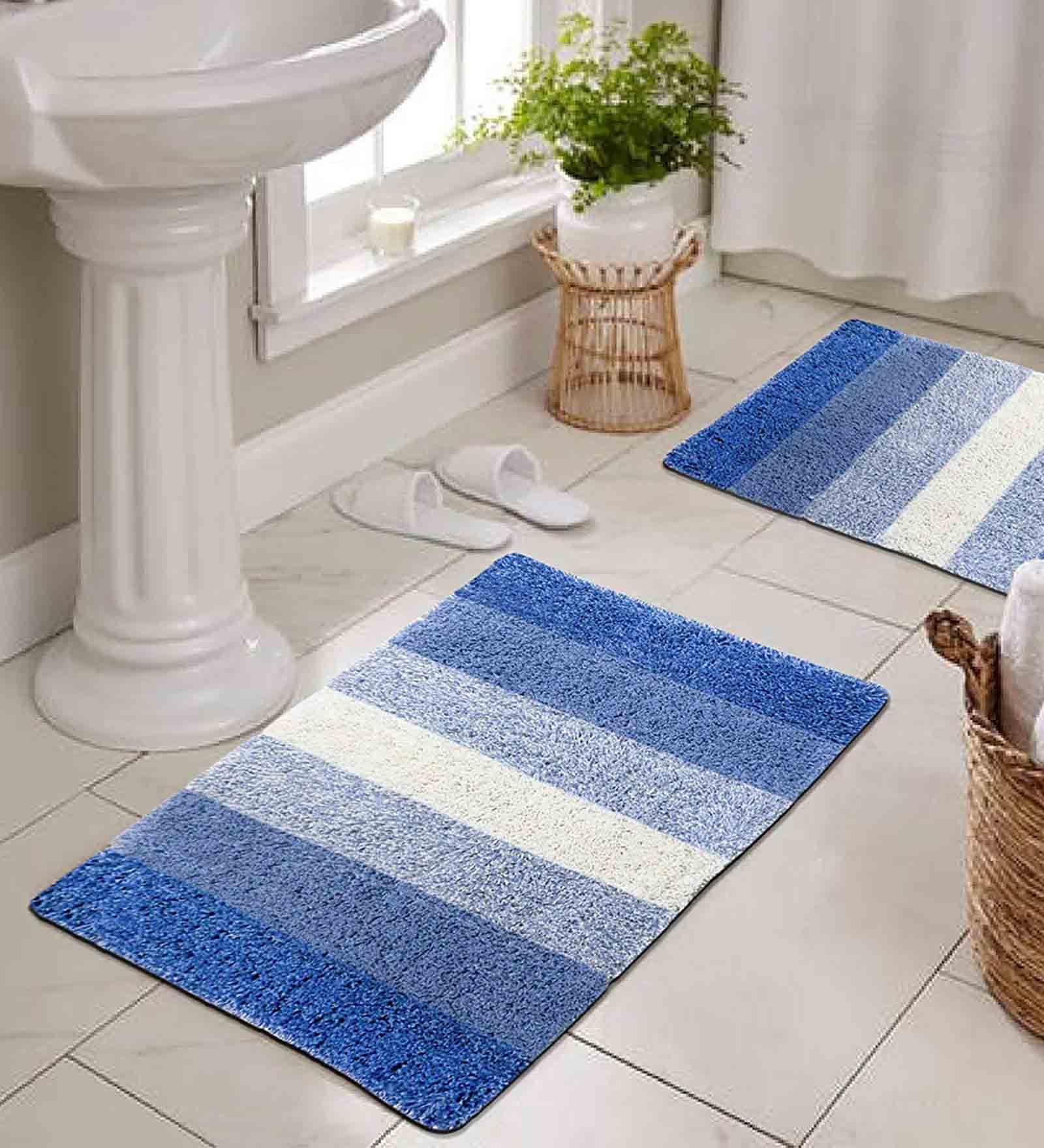 Blue Geometric Cotton 14x20 Inches AntiSkid Bath Mat (Set of 2)