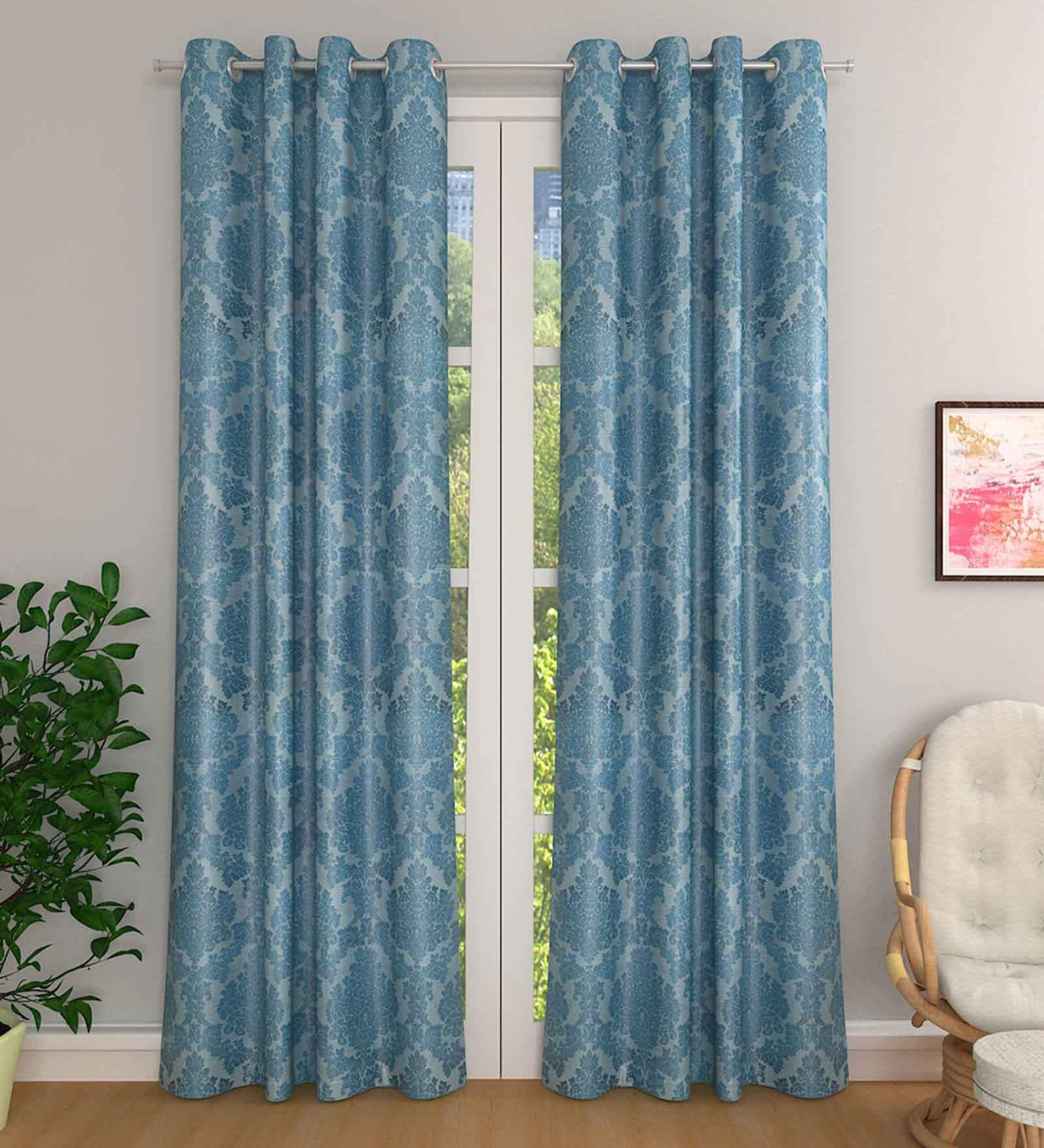 Blue Cotton Blend Floral Light Filtering 1 piece Eyelet Long Door Curtain