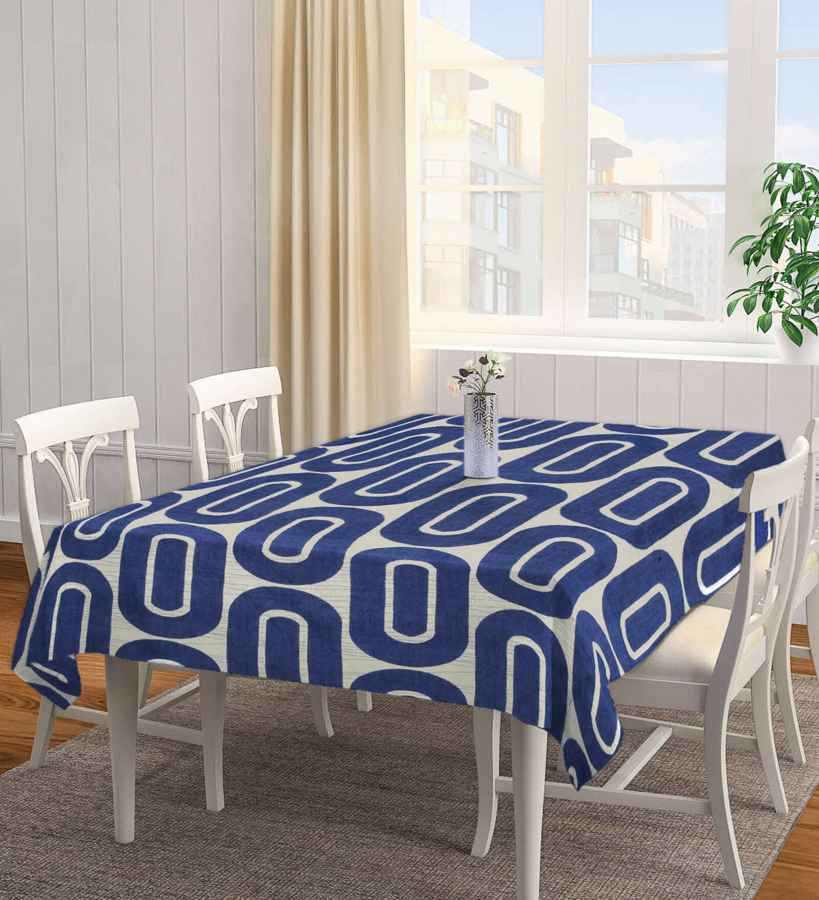 Geometric (72x52) Blue & White Cotton Blend Table Cloth