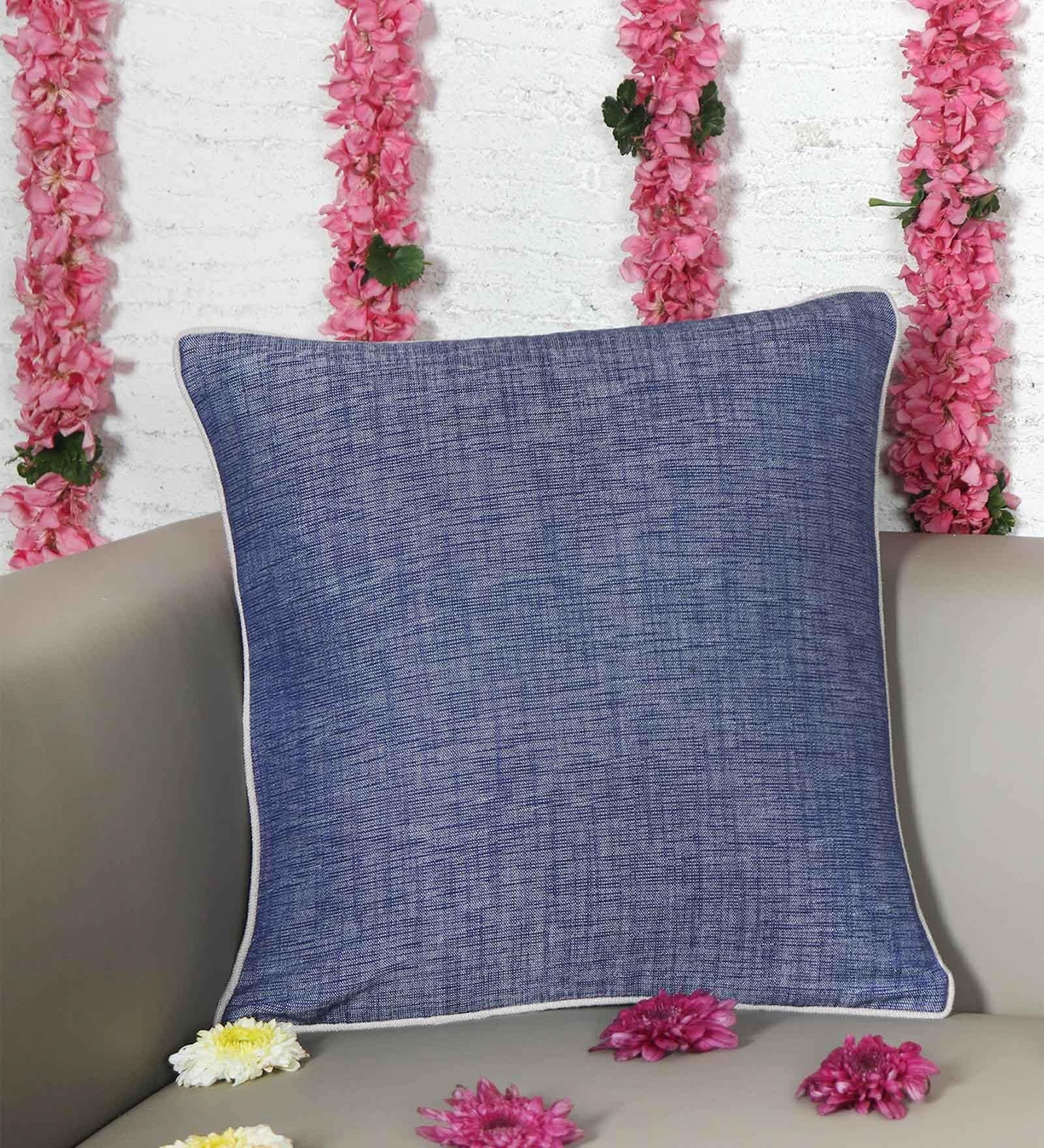 Blue Cotton Blend Solid 16x16 inches Cushion Covers (1pc)