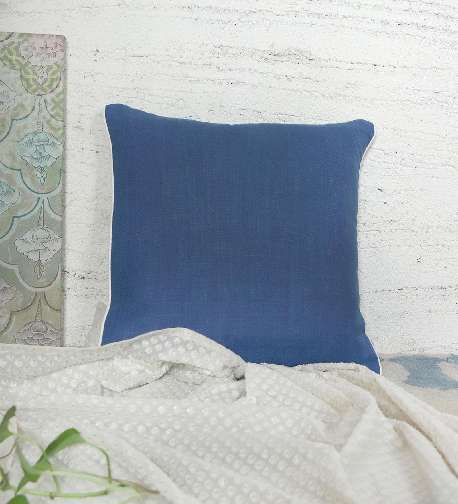 Blue Cotton Blend Solid 16x16 inches Cushion Covers (1pc)