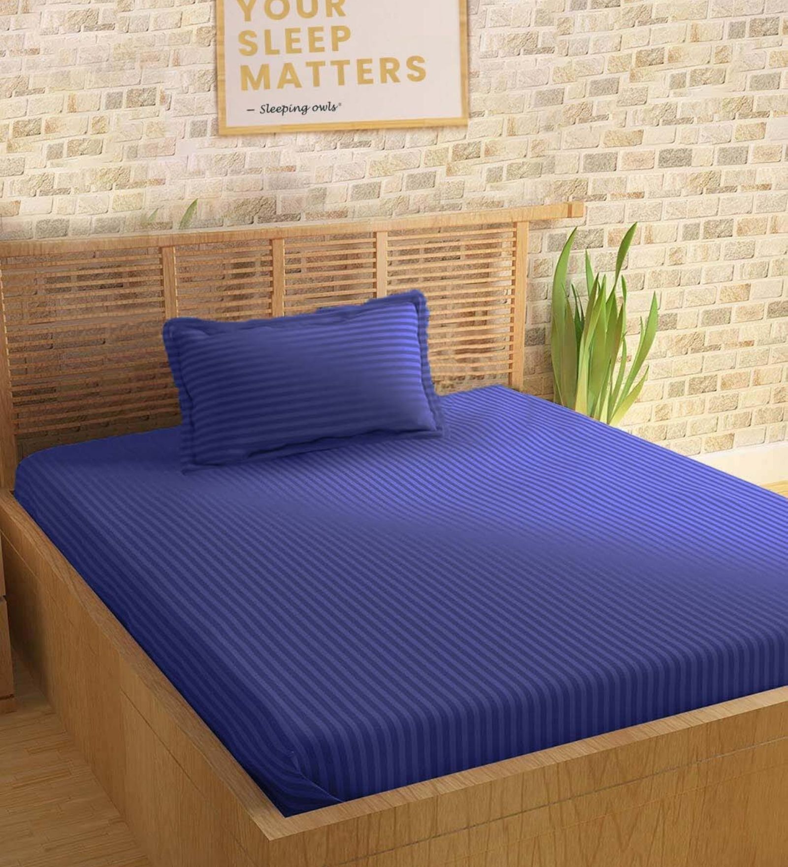Blue Cotton 210TC Striped Single Bedsheet with 1 Pillow Cover