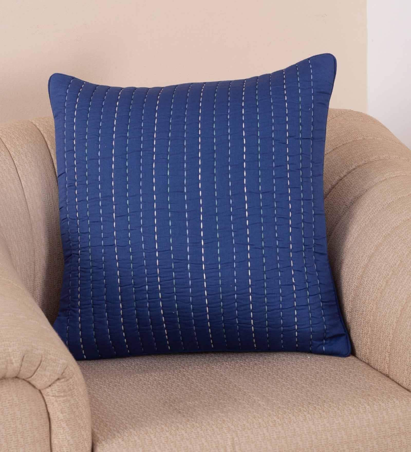 Blue Traditional Cotton 20 x 20 Inches Embroidered Cushion Cover