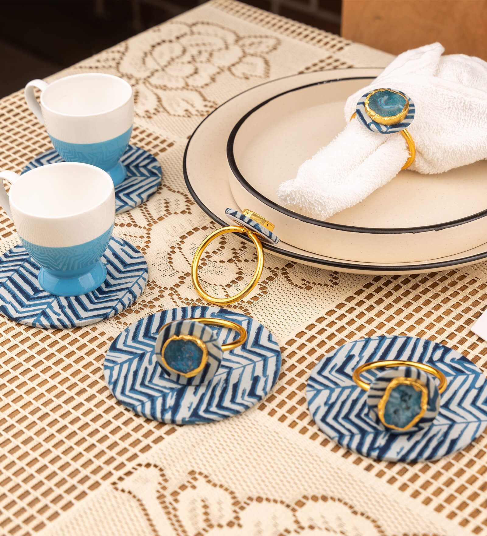 Blue Cotton Fabric Coated Mdf Napkin Ring With Agate And Coaster Set Of 4