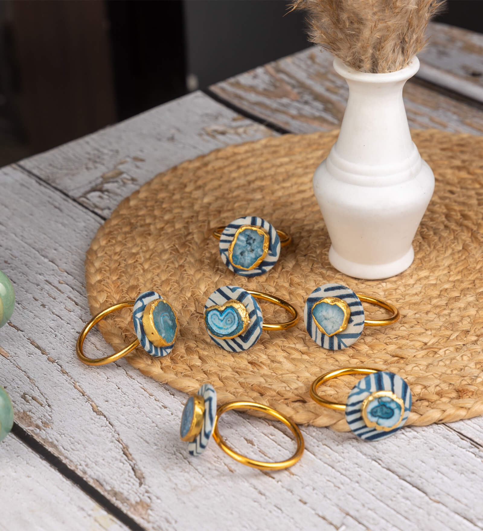 Blue Cotton Fabric Coated Mdf Napkin Rings Set Of 6 With Agate