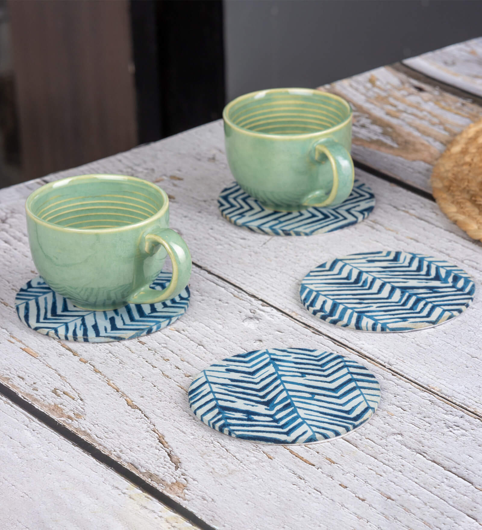 Blue Cotton Fabric Coated Mdf Round Coaster Set Of 4
