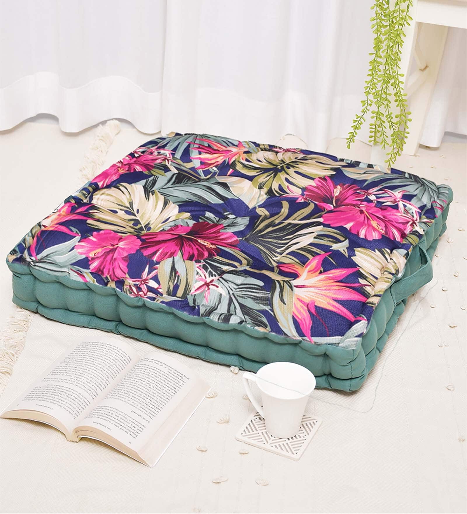Blue Cotton Floral 24x24 inches Floor Cushion