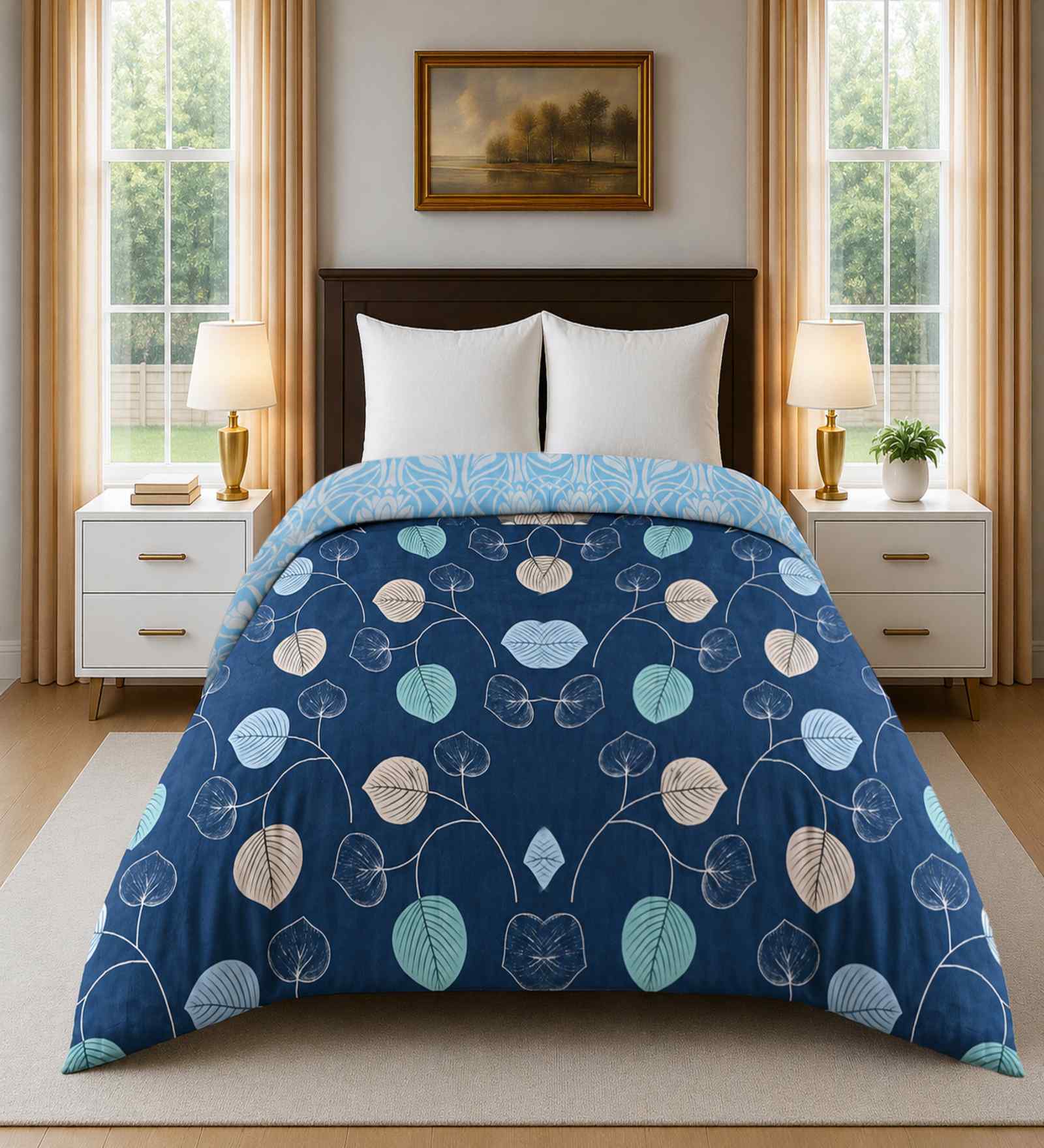 Blue Cotton Floral 300 Gsm Double Bed Reversible Comforter