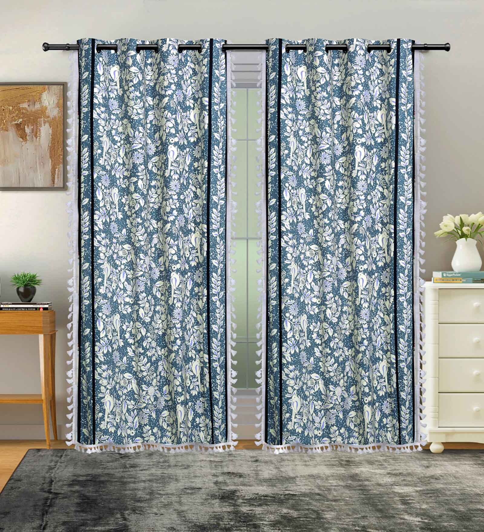 Blue Cotton Floral 7Ft Light Filtering Eyelet (Set Of 2) Door Curtains