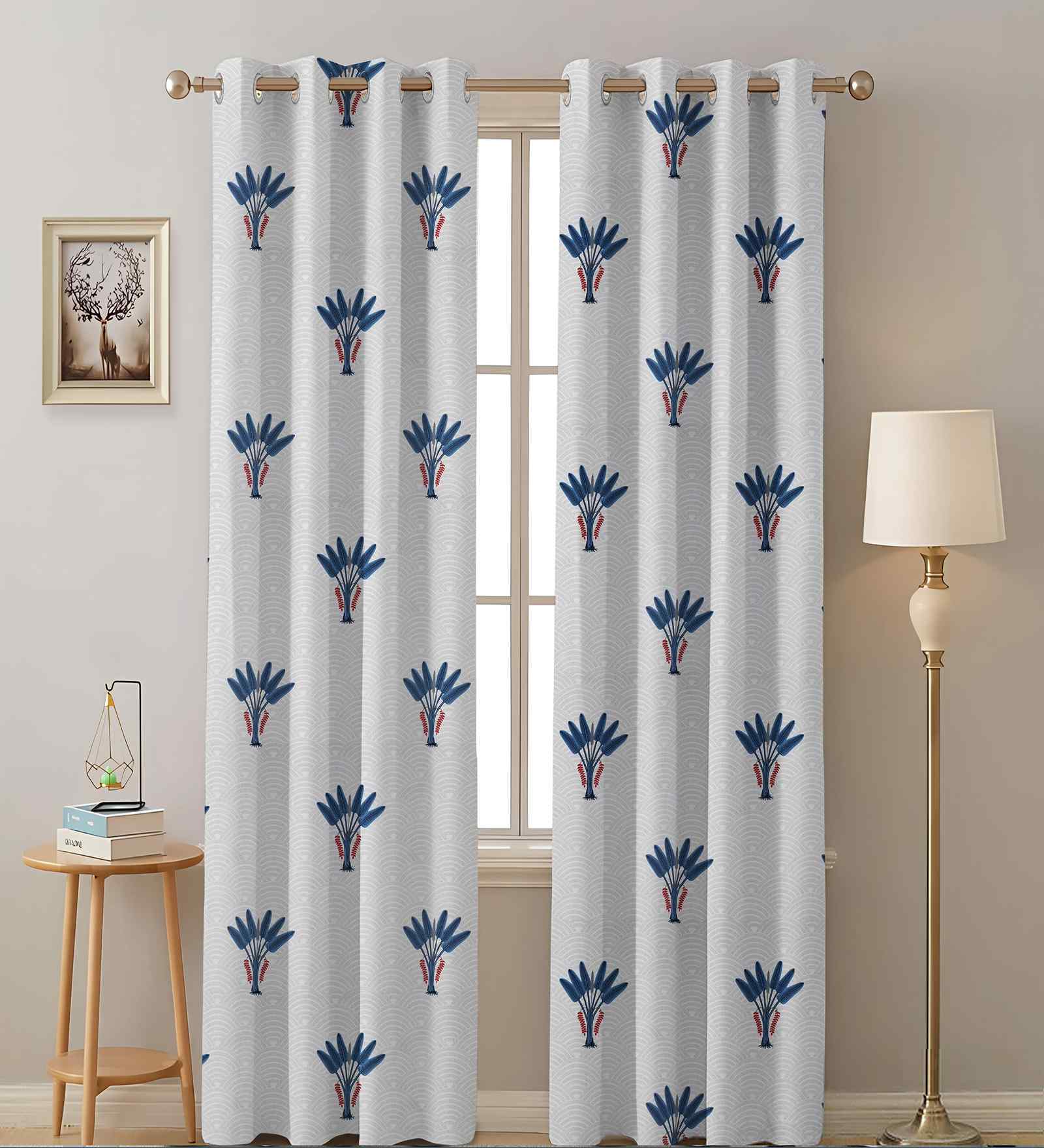 Blue Cotton Floral 7ft Semisheer Eyelet Door Curtain (2 Pc)