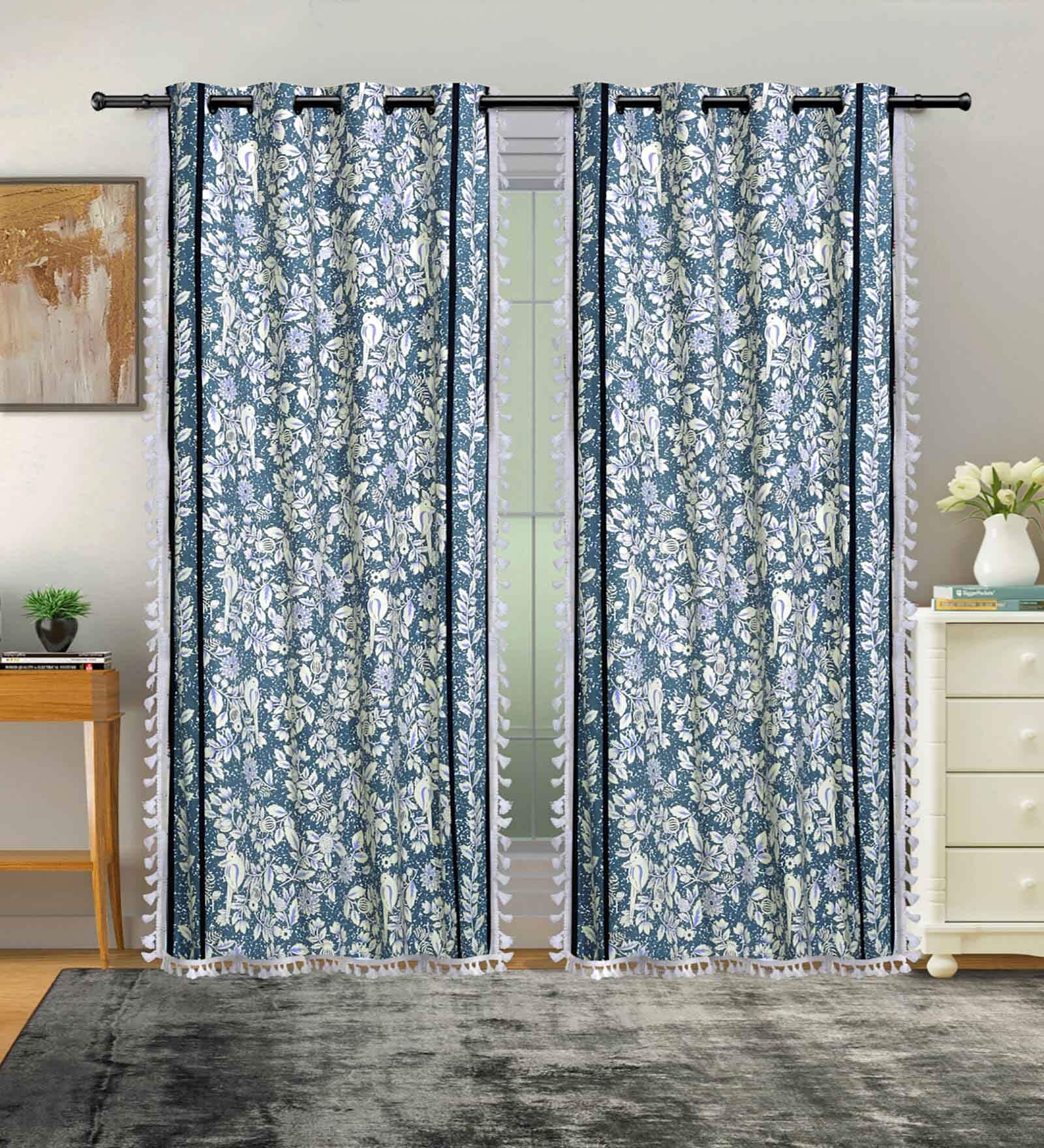 Blue Cotton Floral 9Ft Light Filtering Eyelet (Set Of 2) Long Door Curtains