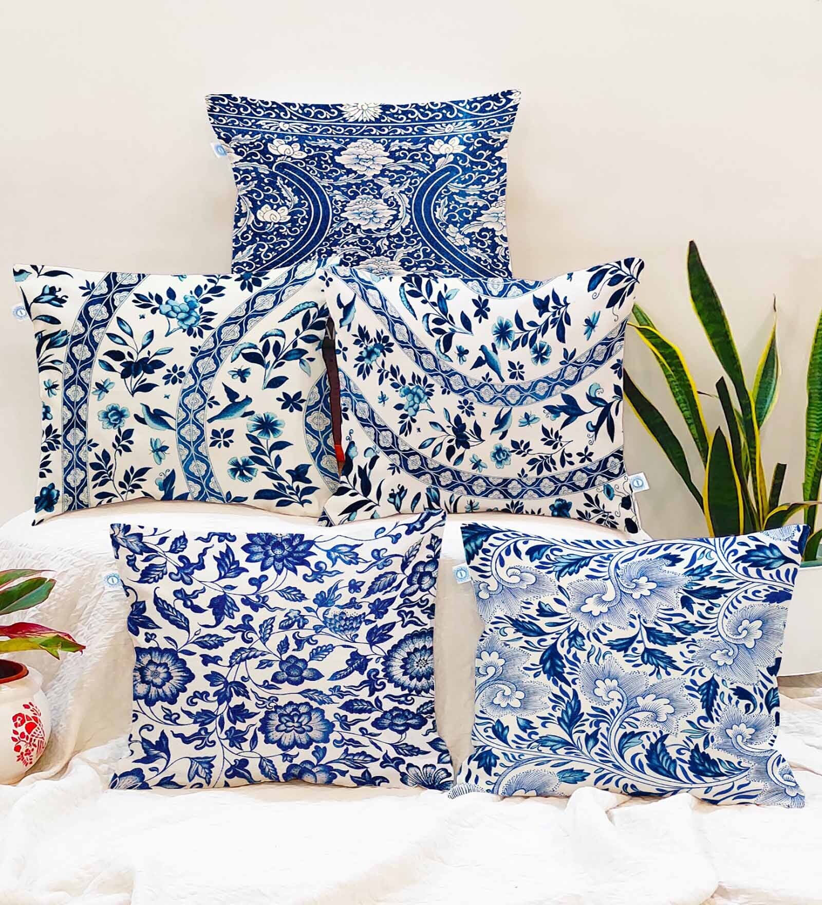 Blue Cotton Florals 16x16 inches Cushion Covers (Pack of 5)