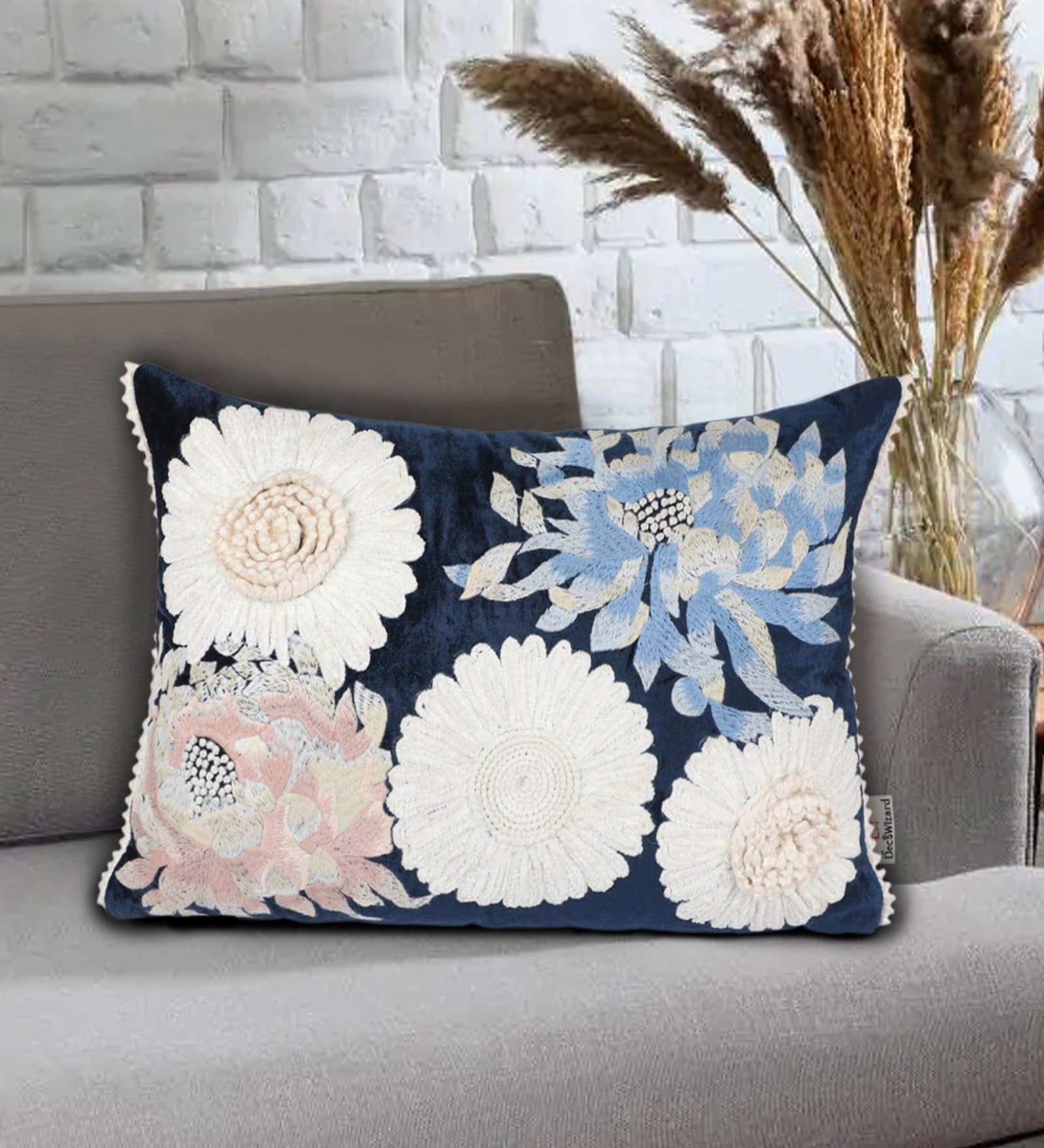 Blue Cotton Florals 20x14 inches Cushion Cover
