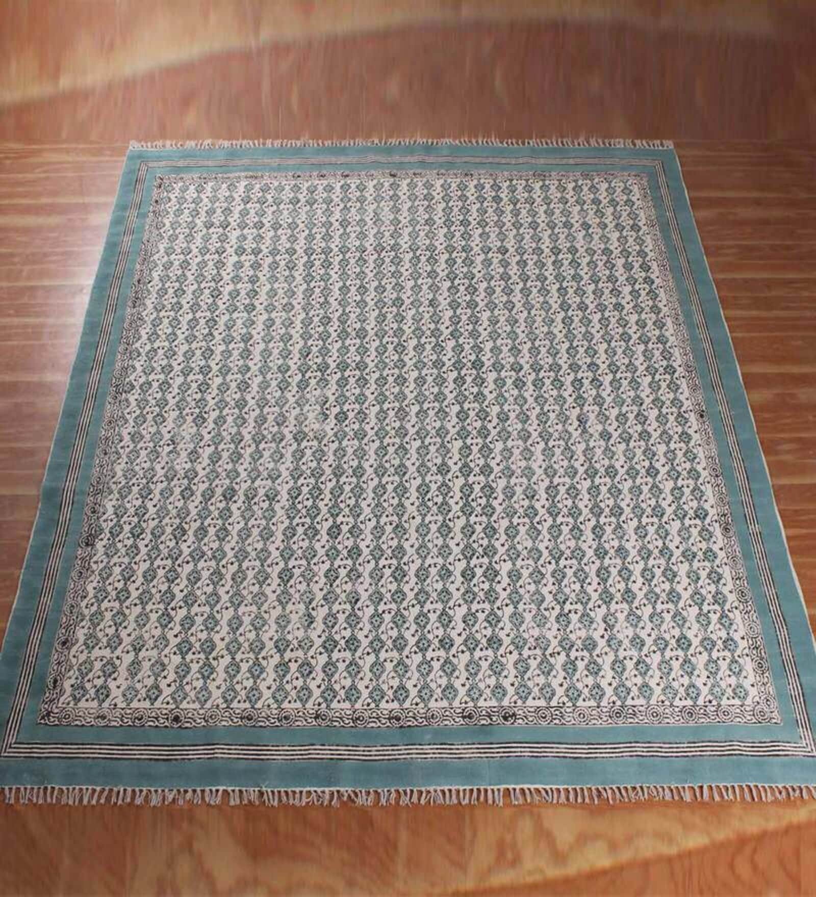 Blue Cotton Geometric 3 x 5 Hand Woven Dhurrie