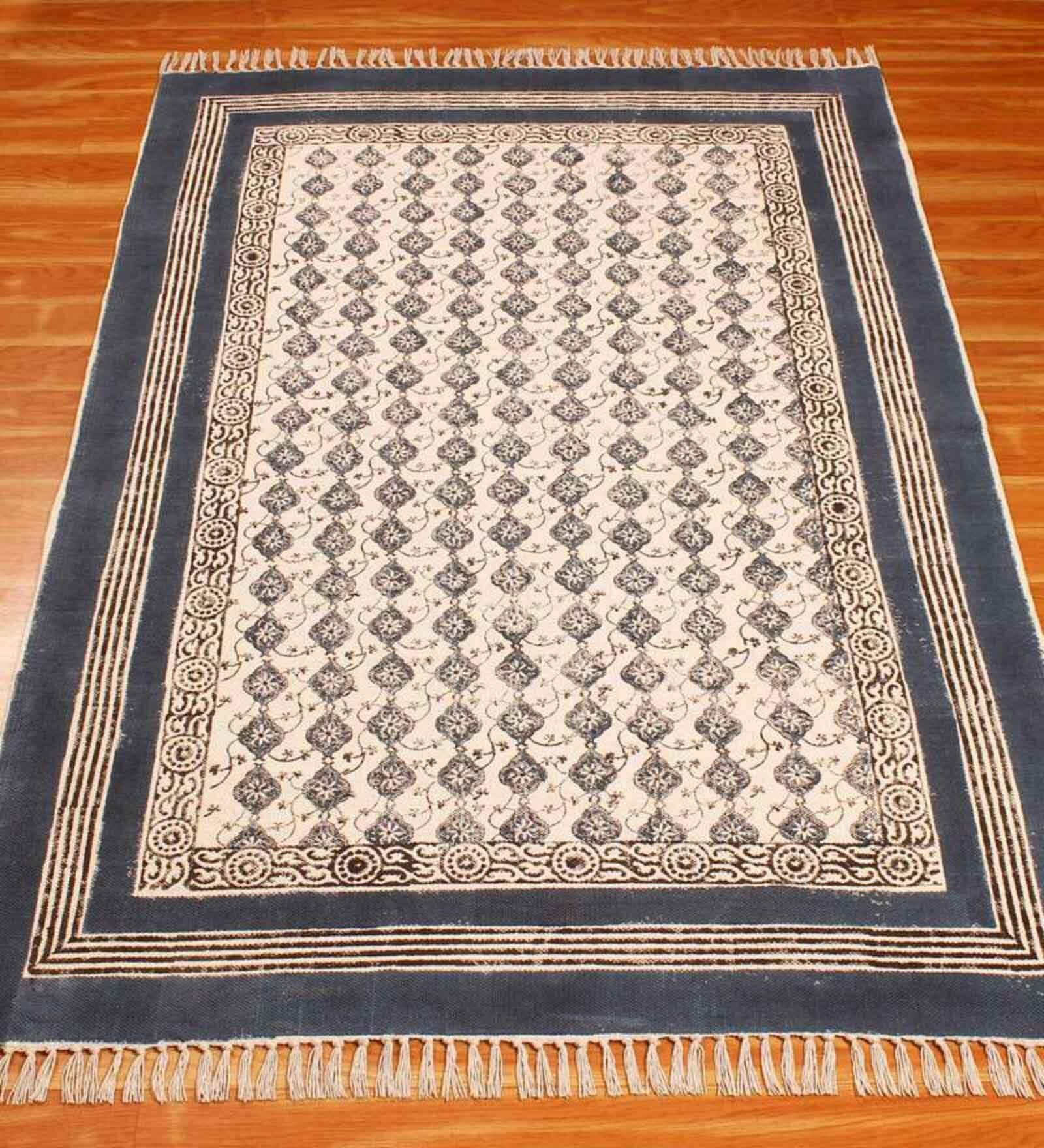 Blue Cotton Geometric 5 x 8 Hand Woven Dhurrie