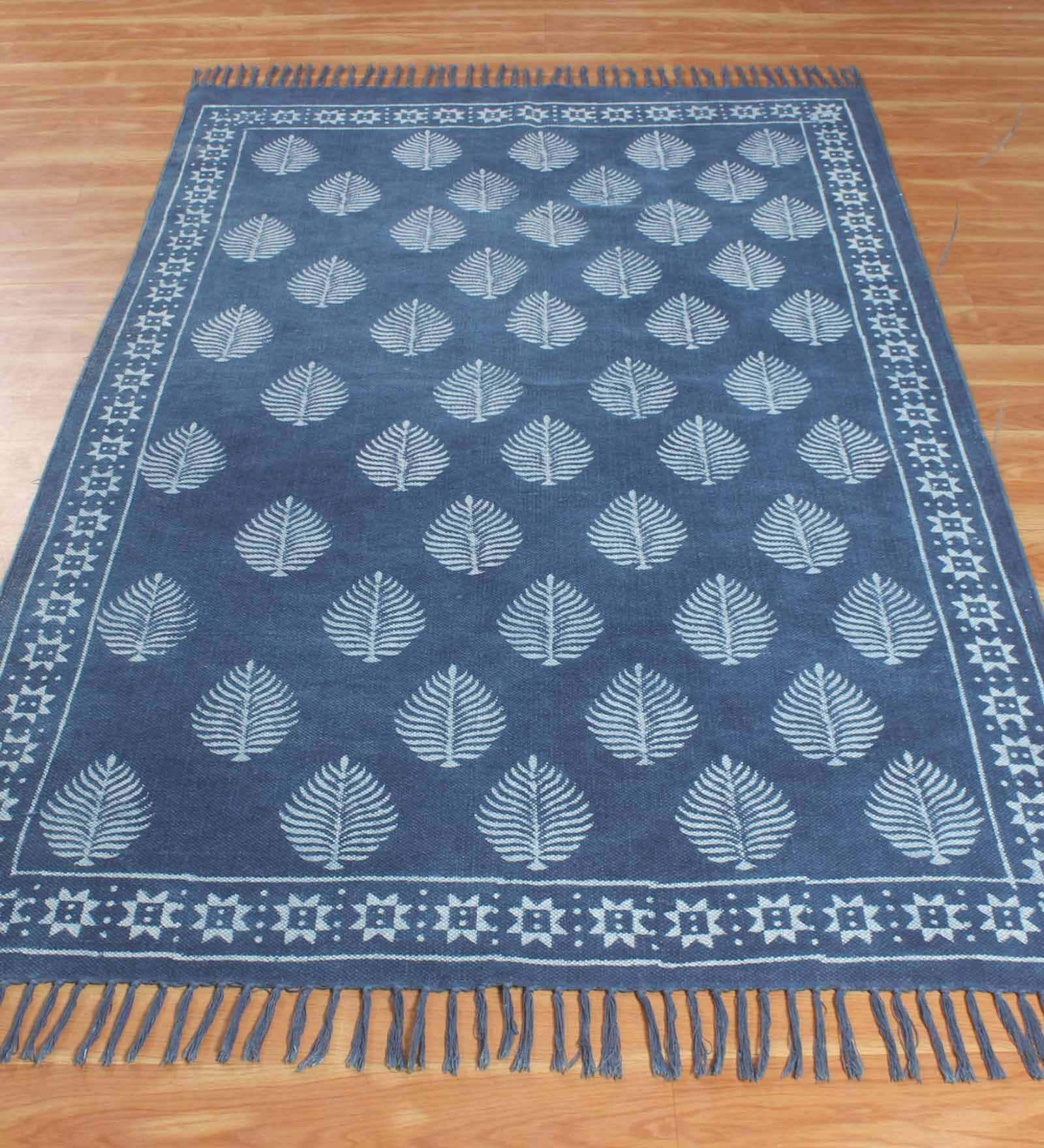 Blue Cotton Abstract 3x2 Hand Woven Dhurrie