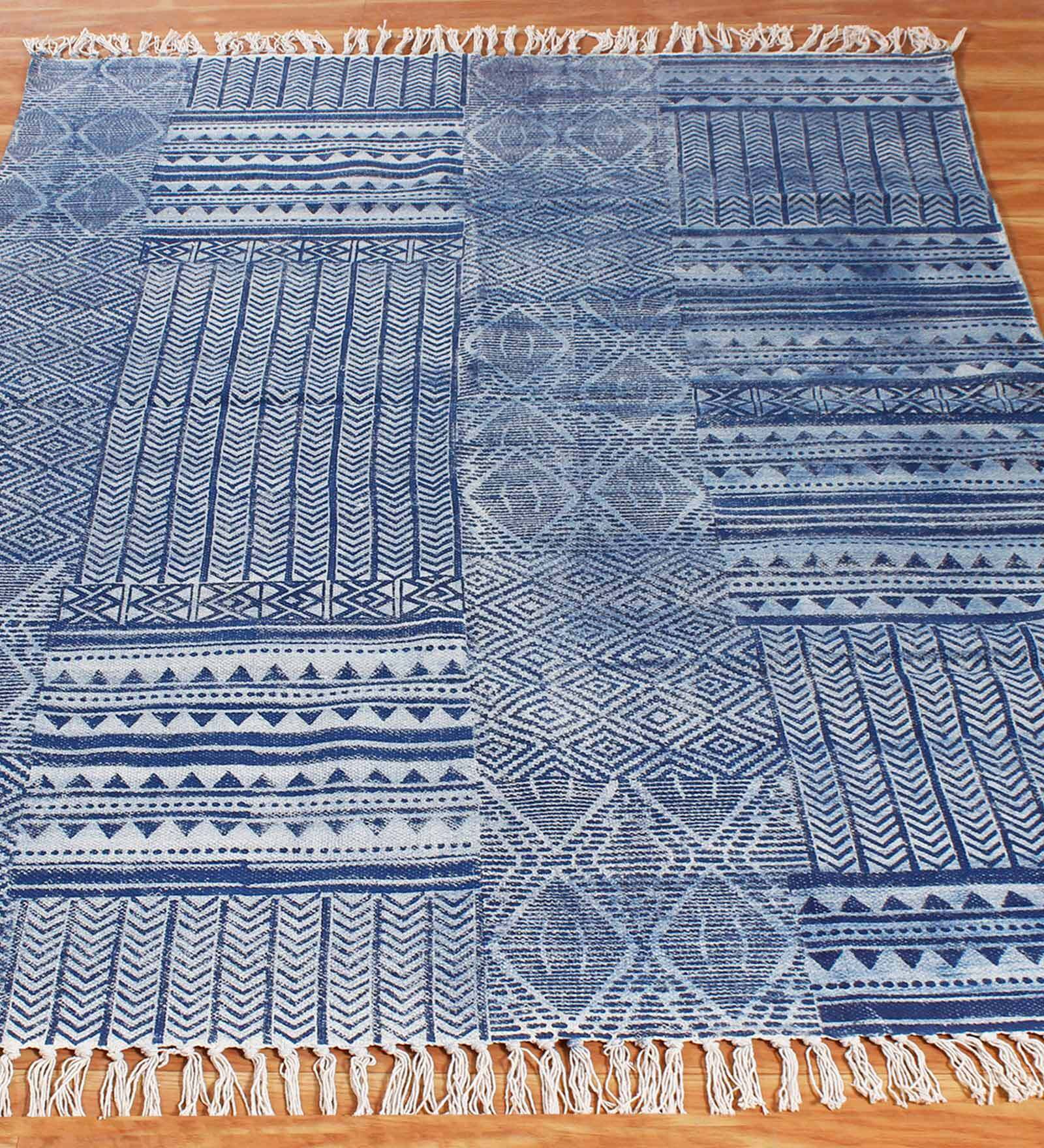Blue Cotton Geometric 3x2 Hand Woven Dhurrie