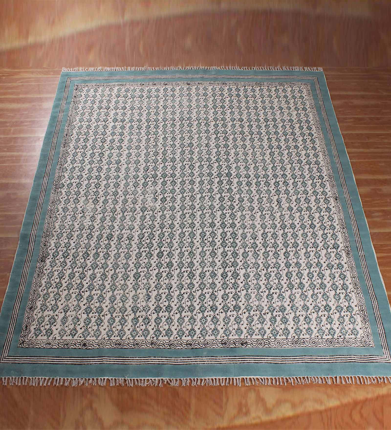 Blue Cotton Geometric 3x2 Hand Woven Dhurrie