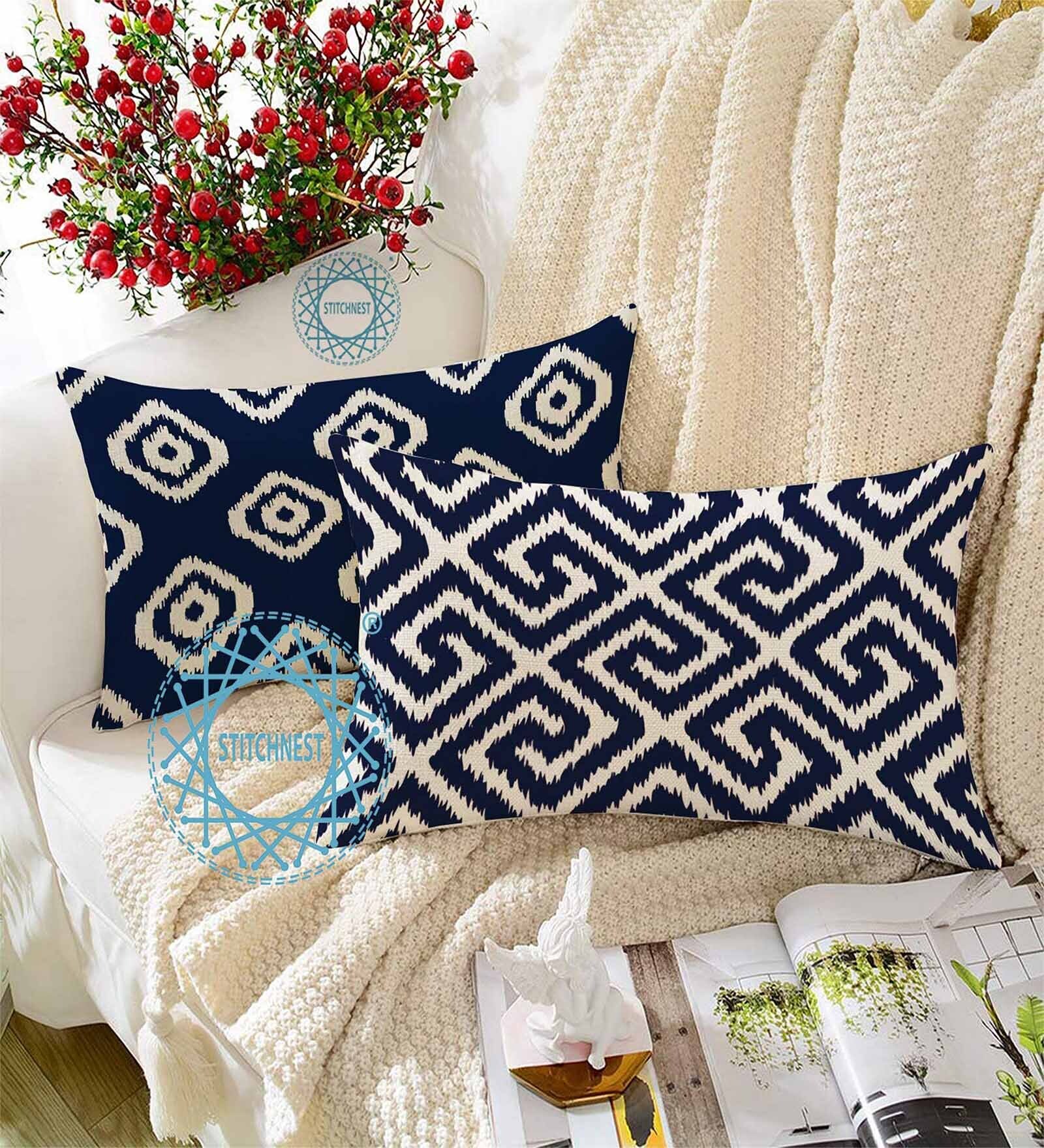 Blue Cotton Geometric 18x12 inches Cushion Covers (Pack of 2)